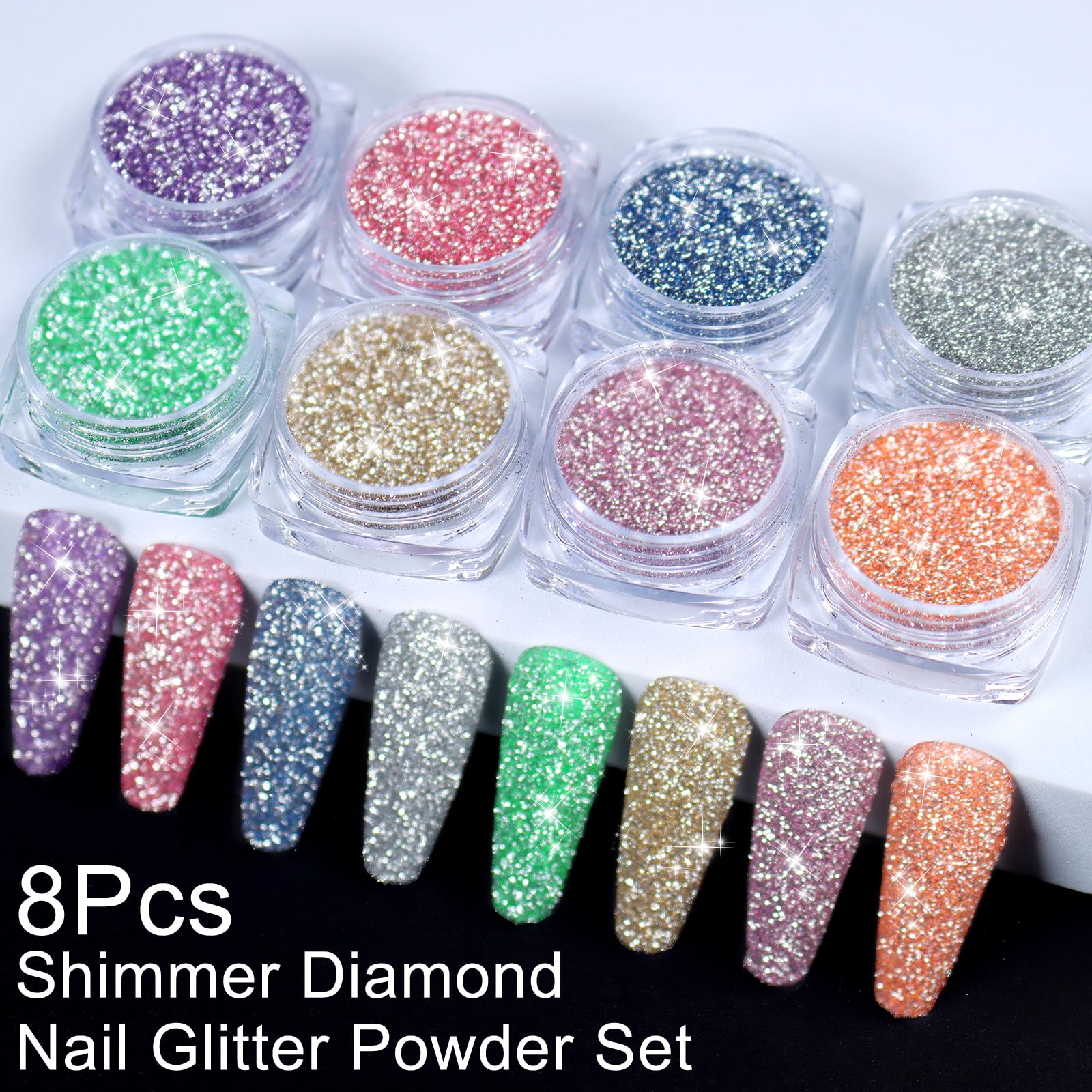 SIUSIO 8 Colors Diamond Nail Glitter Set - Reflective Glitter Dust & Shiny Sugar Nail Powder for Gel Polish Nail Art - Perfect for Disco Party, Nightclub, Wedding & DIY Nail Crafts