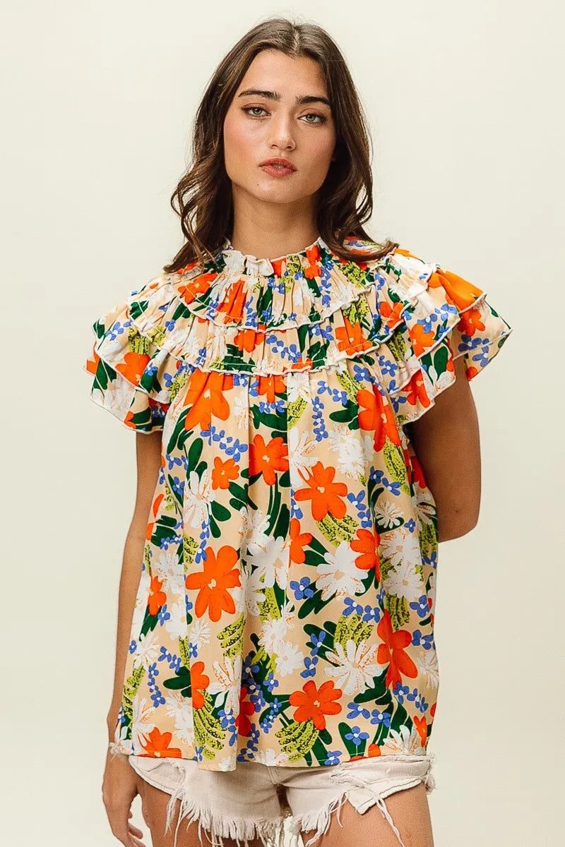 BiBi Women's Floral Print Woven Blouse - Casual Short Sleeve Summer Tops for Beach, Vacation & Everyday Wear