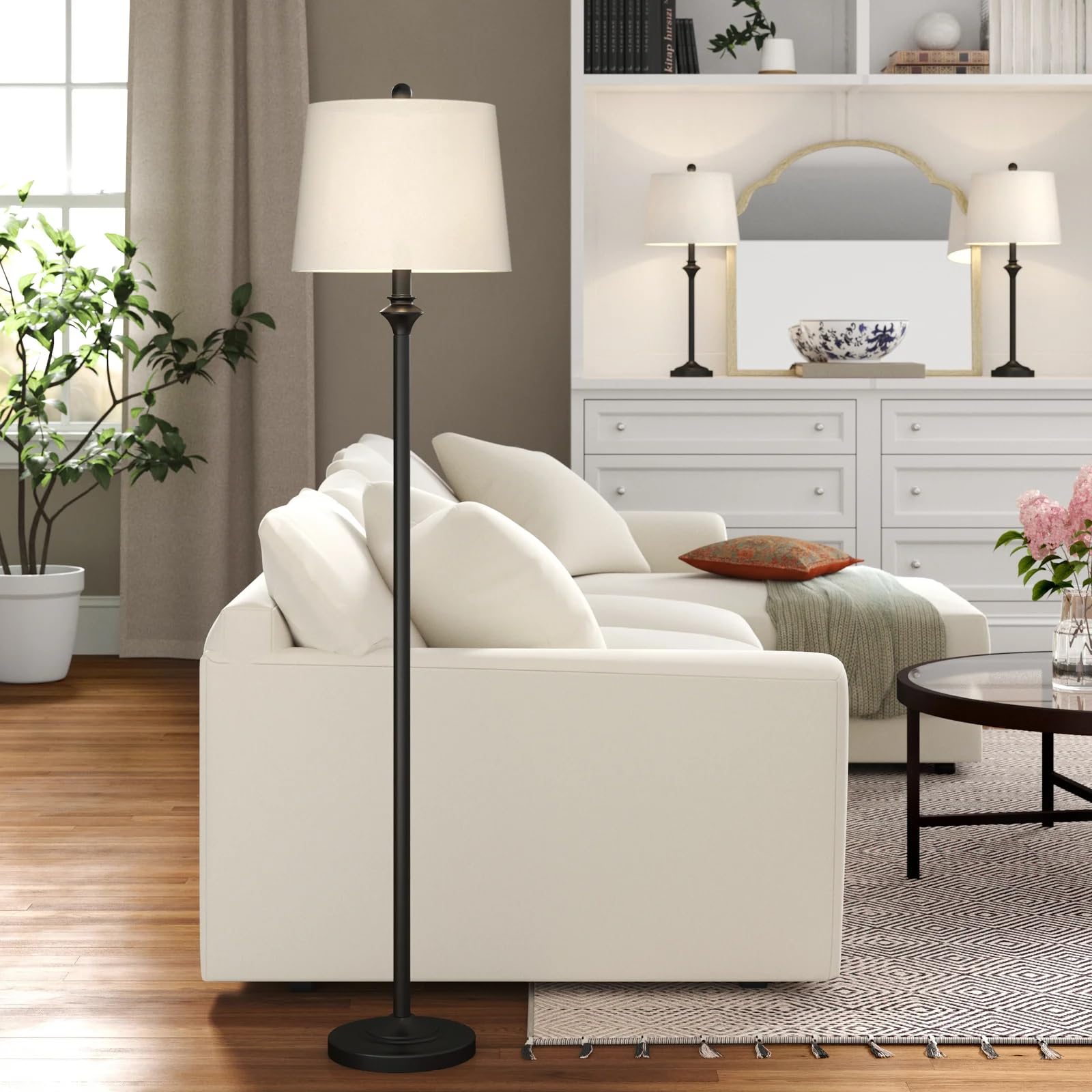 Maxax 3-Piece Traditional Lamp Set - Black Buffet Table Lamps & Floor Lamp with White Fabric Shades for Living Room, Bedroom, Study | Home Decor Lighting for Cozy Ambiance