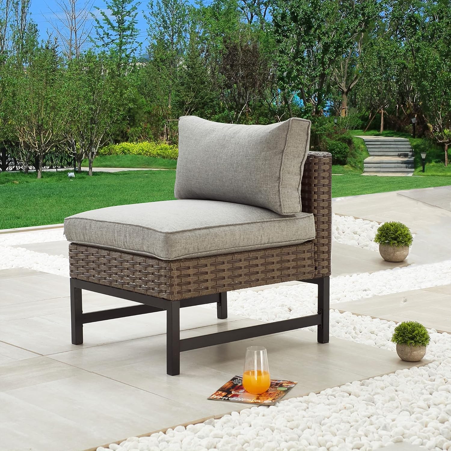 LOKATSE HOME Armless Wicker Patio Sofa Chair with Cushions & Metal Frame - Outdoor Furniture for Garden, Backyard, Poolside Relaxation - Brown (Perfect for Lounging, Sunbathing & Entertaining)