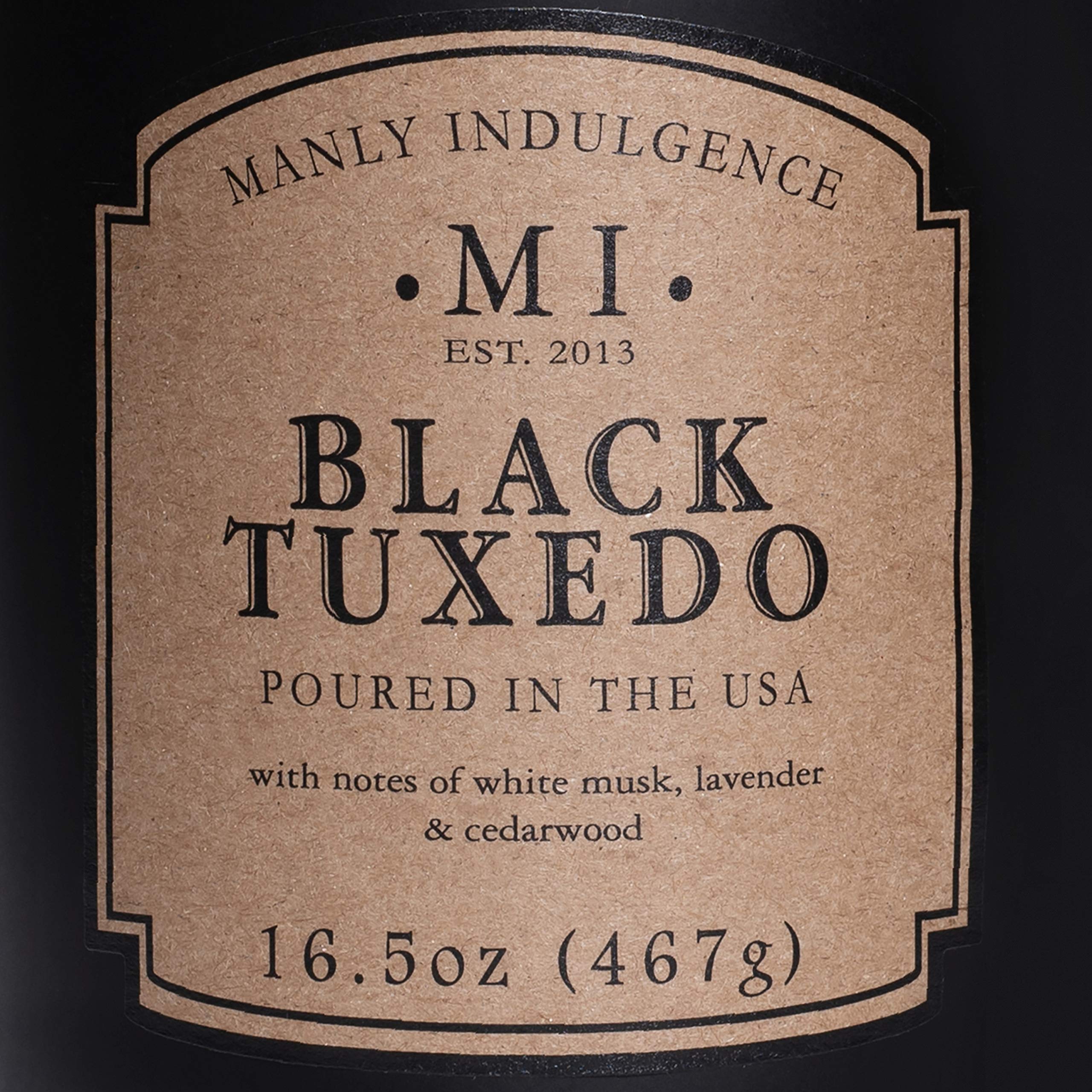Manly Indulgence Black Tuxedo Jar Candle 16.5 oz - White Musk, Lavender, Cedarwood, Jasmine & Earthy Orris Scented Soy Wax Blend - Long Lasting 60 Hour Burn Time - Hand Poured in USA - Perfect for Home Decor, Romantic Dinners & Relaxation