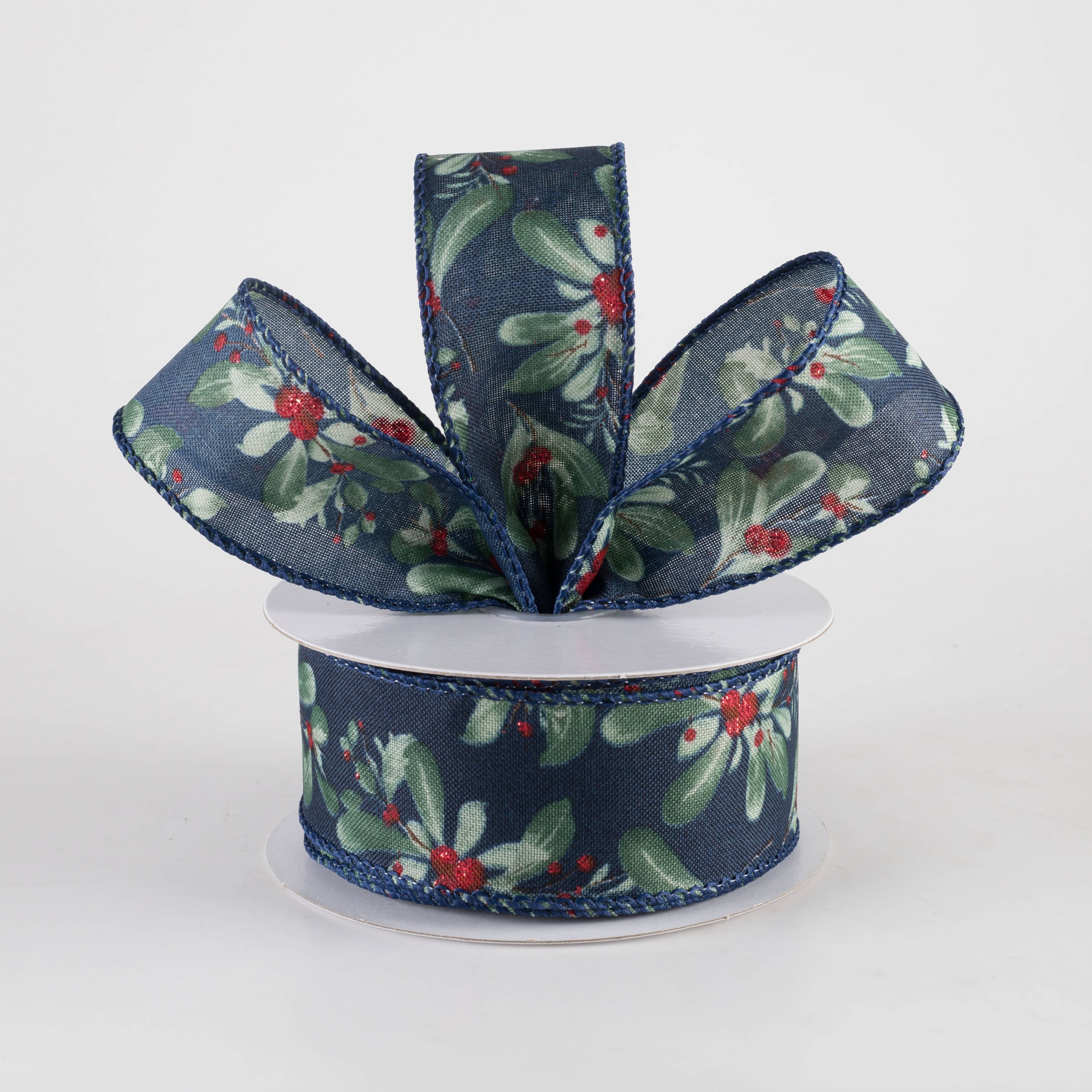 1.5 Inch Painted Mistletoe Ribbon - Navy Blue Holiday Decorative Ribbon (10 Yards) for Christmas Wreaths, Gift Wrapping, and Party Decorations