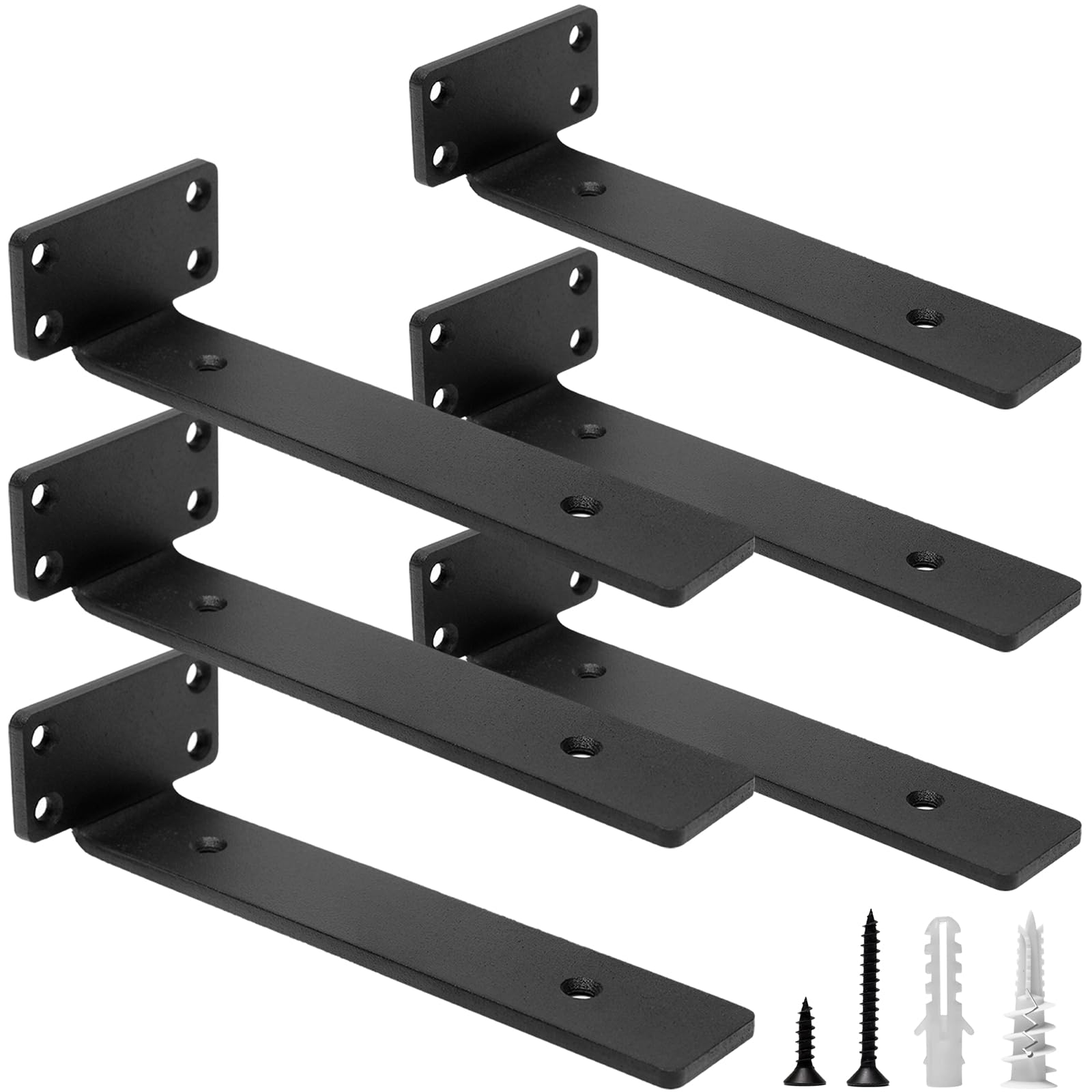 Heavy Duty Floating Shelf Brackets 8-Inch (1/5'' Thick) - Hidden Shelves Hardware, Cast Iron L Brackets - Rustic Industrial Black Metal Wall Shelving Supports (6 Pack) - Perfect for Living Room, Kitchen & Home Office Storage Solutions