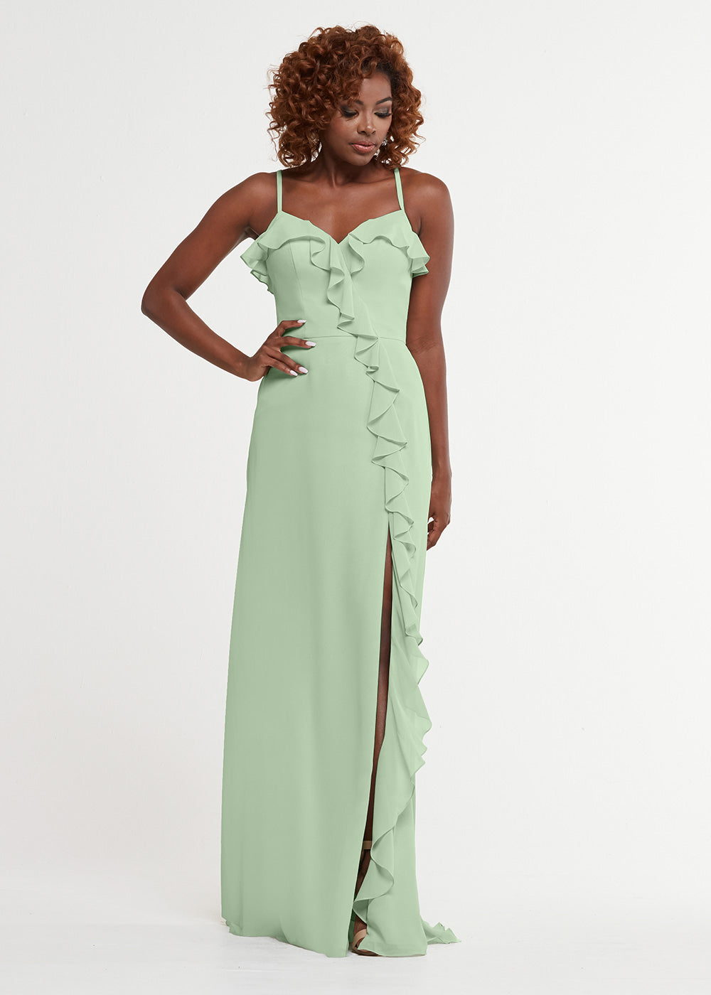 Elegant 80174 Chiffon A-Line Bridesmaid Dress with Ruffles & High Slit - Perfect for Weddings, Formal Events & Special Occasions