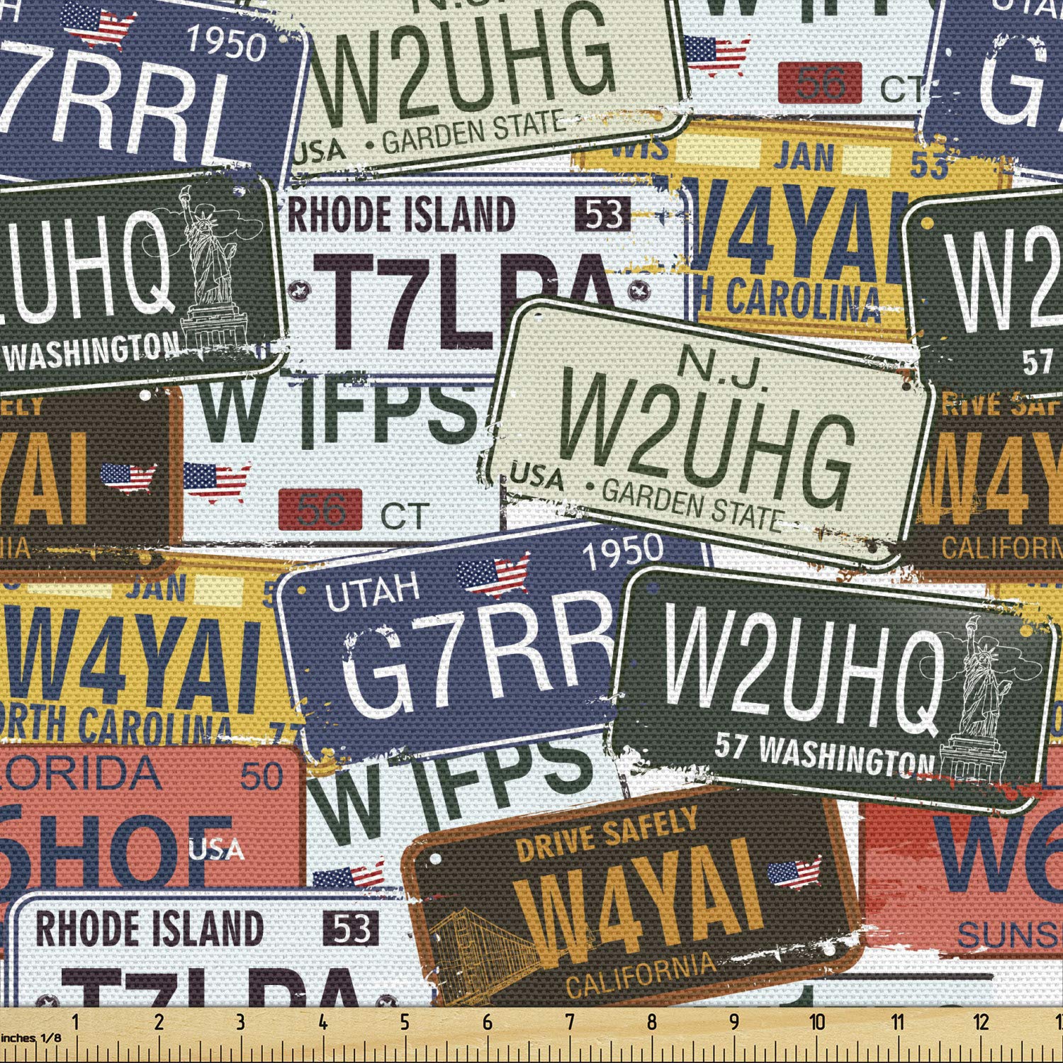 Ambesonne USA Fabric by The Yard - Retro American License Plates Print Fabric (Utah, Rhode Island, North Carolina) - 10 Yards Green Navy Upholstery Fabric for Sofa, Curtains & Home Decor | Perfect for DIY Projects & Vintage-Themed Interiors