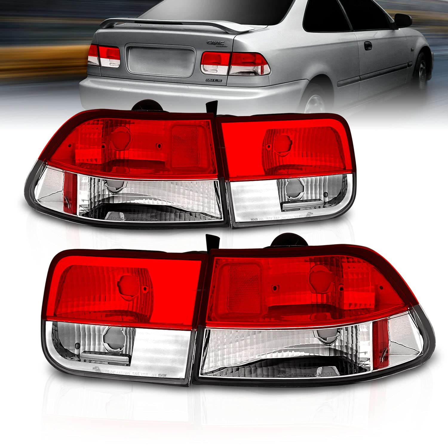 AmeriLite Clear Red LED Brake Tail Lights for 1996-2000 Honda Civic Coupe - 4-Piece Set (Driver & Passenger Side) | Enhanced Visibility & Style for Night Driving & Car Customization