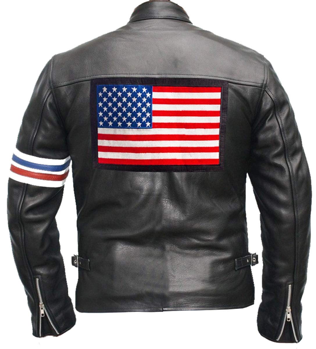 Vintage Cafe Racer Motorcycle Jacket for Men - Black Genuine Leather Biker Jacket with USA Flag Design | Perfect for Riding, Motorcycle Enthusiasts & Casual Streetwear