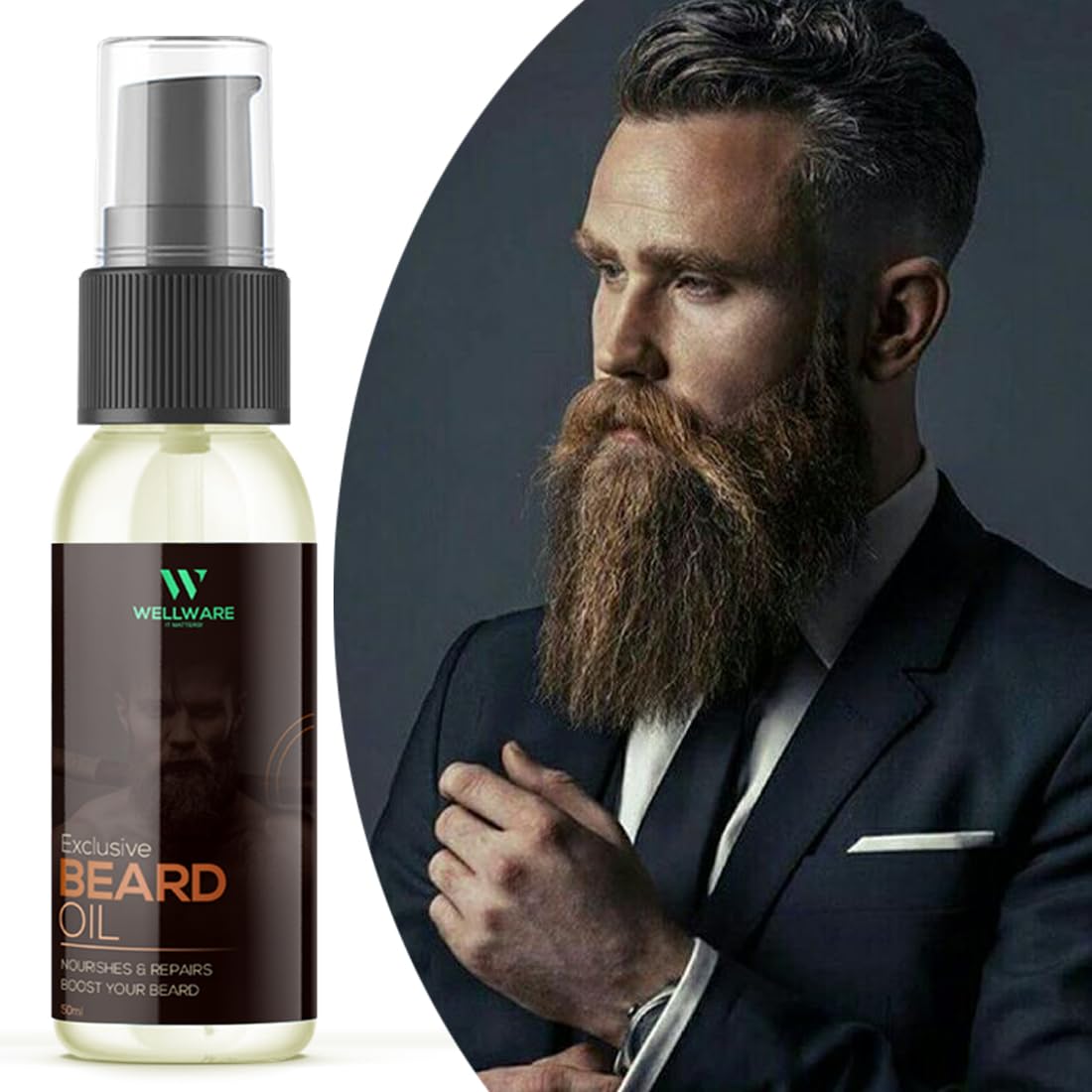 WELLWARE Beard Growth Oil with Redensyl, Jojoba Oil & Vitamin E - 50ml Natural Sandalwood Hair Oil for Men | Promotes Thicker, Fuller Facial Hair Growth | Perfect for Daily Grooming & Styling Routine