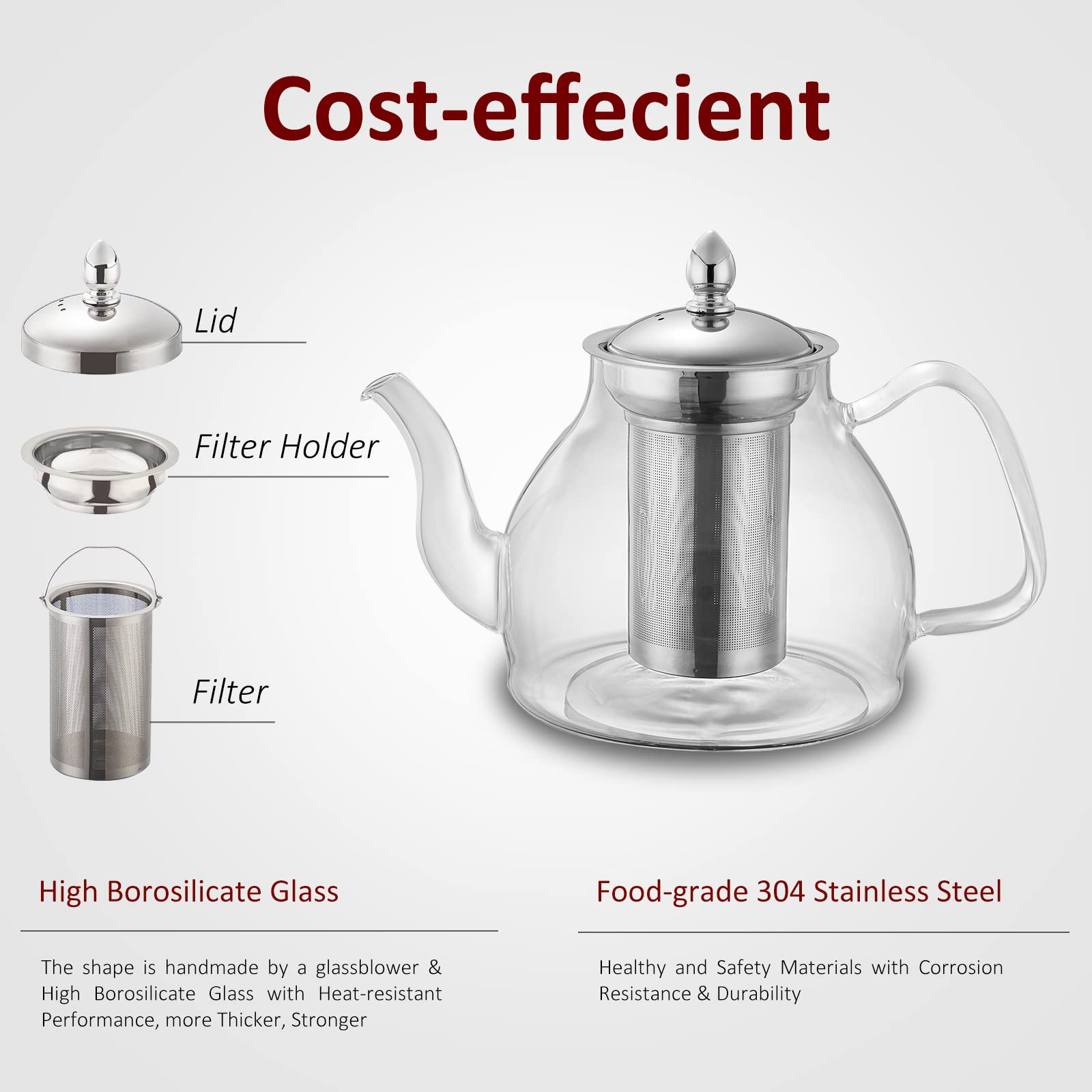 Premium 40oz Glass Teapot with Removable Stainless Steel Infuser - Perfect for Blooming Tea, Loose Leaf Tea & Herbal Brews - Stovetop & Microwave Safe Gooseneck Kettle - Elegant Gift Box Included - Ideal for Home, Office & Tea Ceremonies