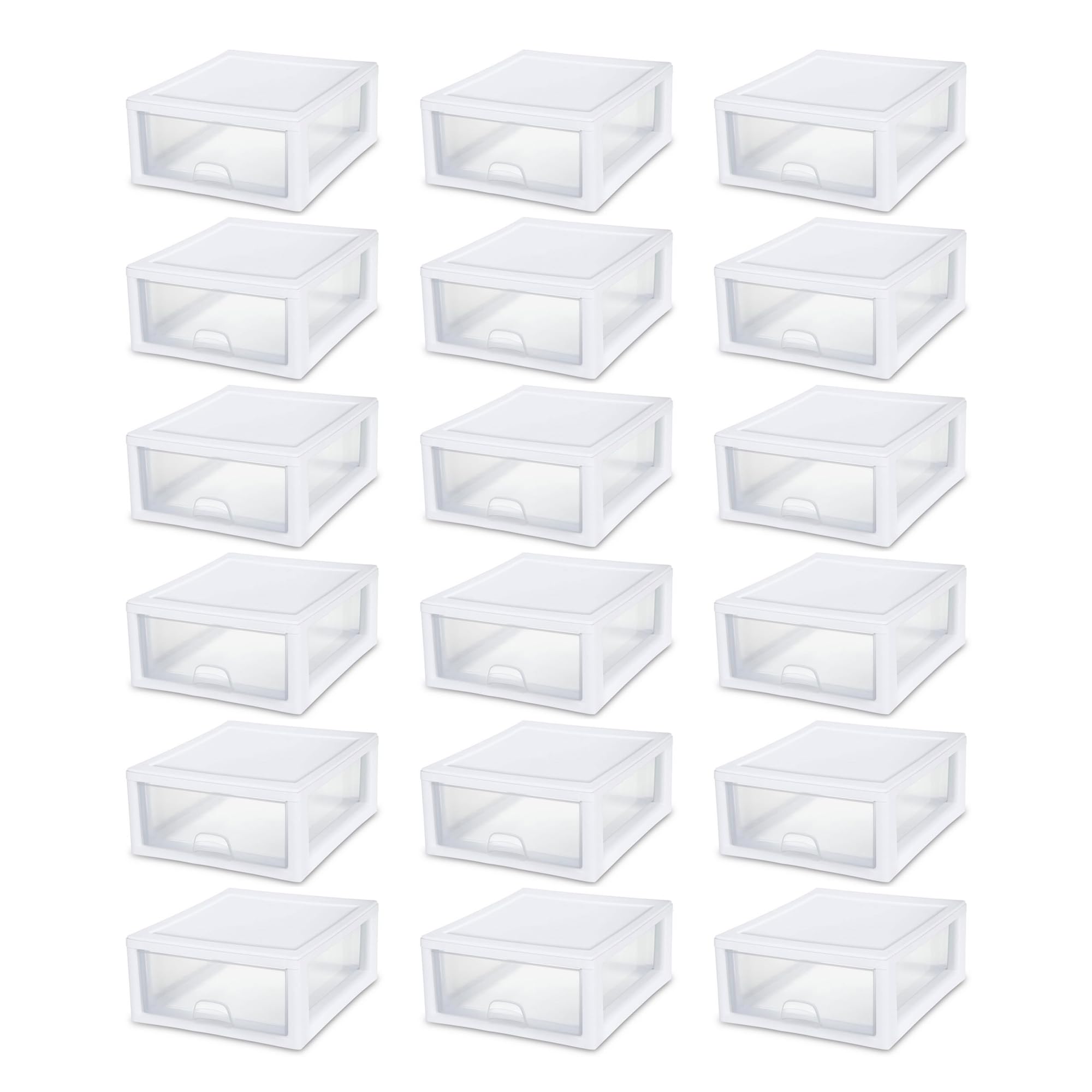 Sterilite 18-Pack Clear Stackable Plastic Drawers - 16 Quart Storage Organizer with White Frame for Closet, Office, Craft Room & Kids Room Organization