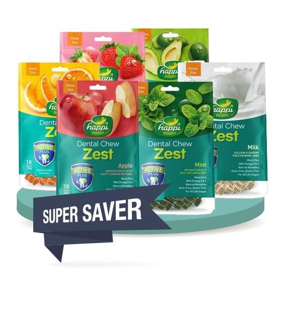Happi Skippi (Happi Doggy) ZEST Dental Dog Chews - 4 Pack Value Bundle for Small & Medium Dogs - Freshens Breath & Reduces Plaque - Perfect for Daily Oral Care & Training Treats