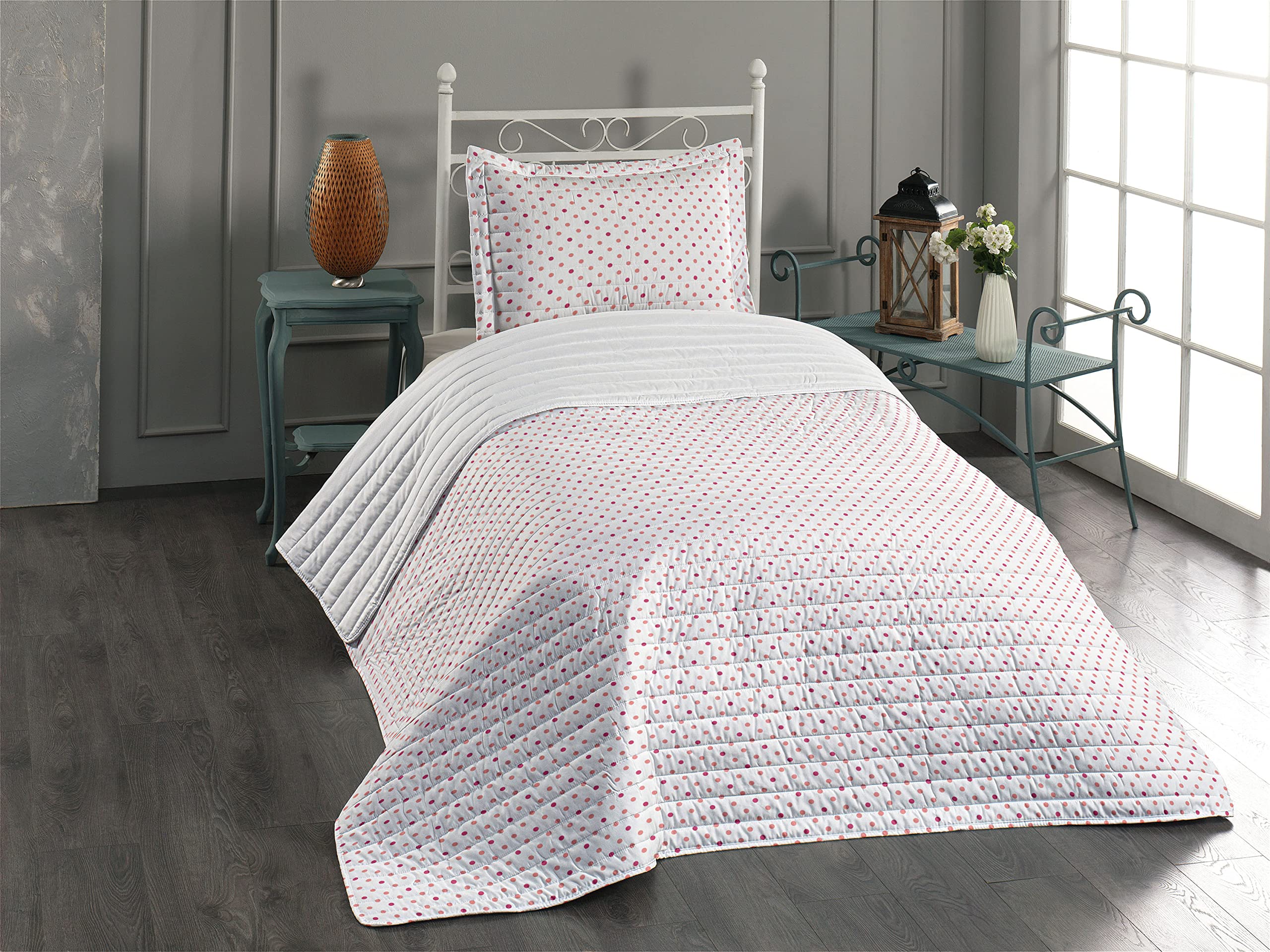 Ambesonne Coral Microfiber Bedspread Set - Classic Retro Style Polka Dot Design, Soft Pink & White Symmetrical Pattern, Includes Pillow Sham & Comforter, Twin Size | Perfect for Guest Rooms, Beach Houses & Boho Bedroom Decor