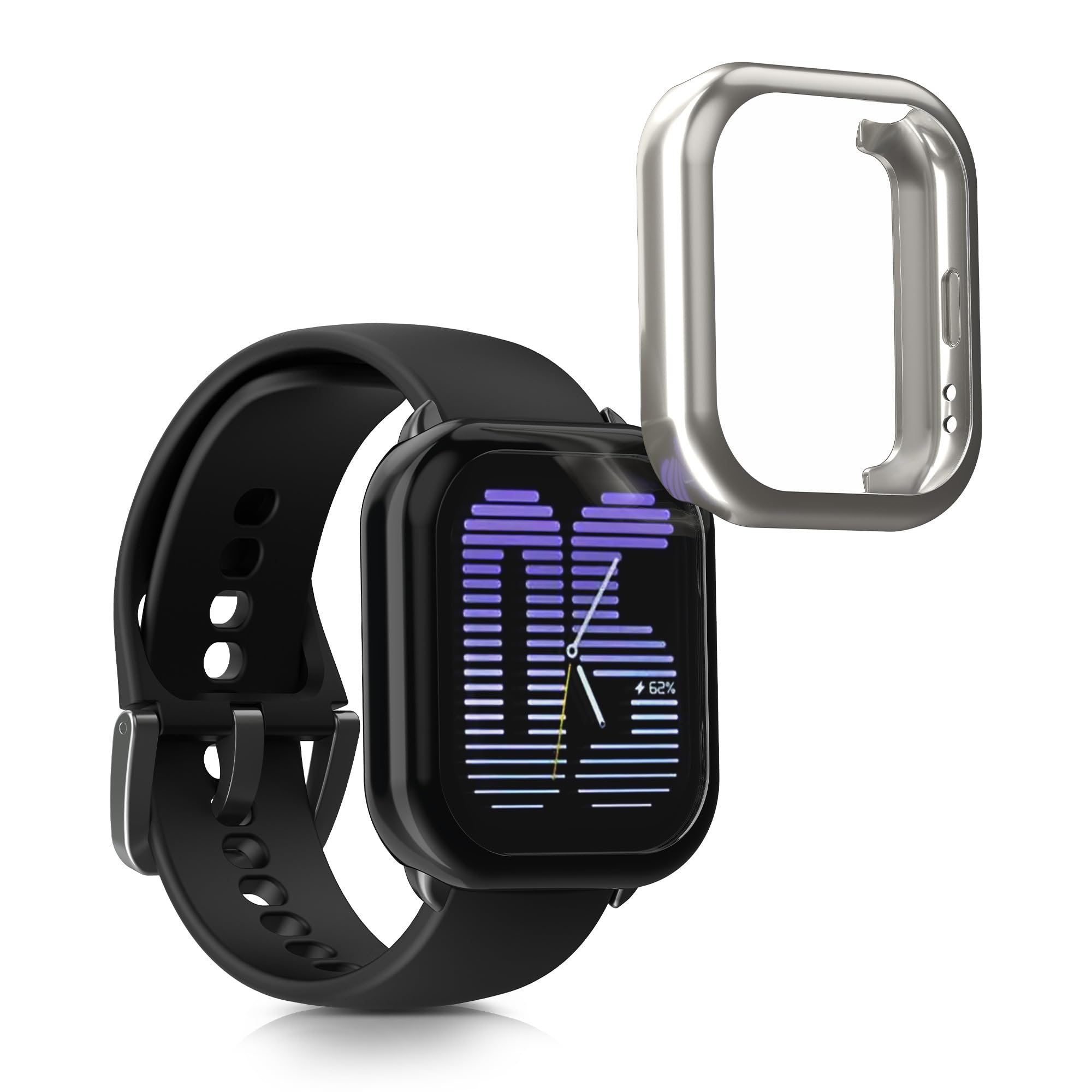 kwmobile Silicone Screen Frame Case for Amazfit Active (A2211) - 2 Pack Protective Cover for Fitness Tracker - Black & Silver - Perfect for Gym, Running & Outdoor Activities