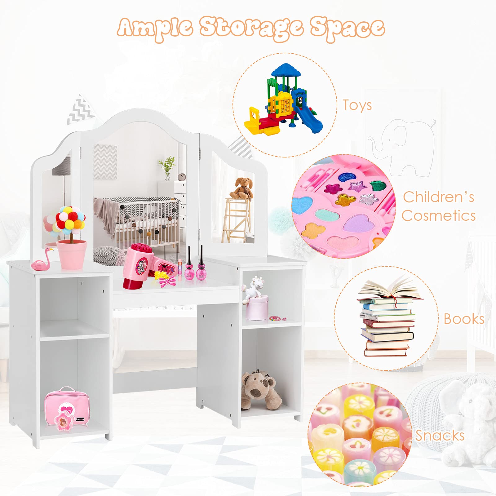 MAT EXPERT Kids Vanity Table Set with Tri-Folding Mirror - Wooden Princess Dresser with 4 Storage Shelves & Detachable Plastic Mirror - Pretend Play Makeup Dressing Table for Girls (White) - Perfect for Bedroom Decor & Imaginative Playtime