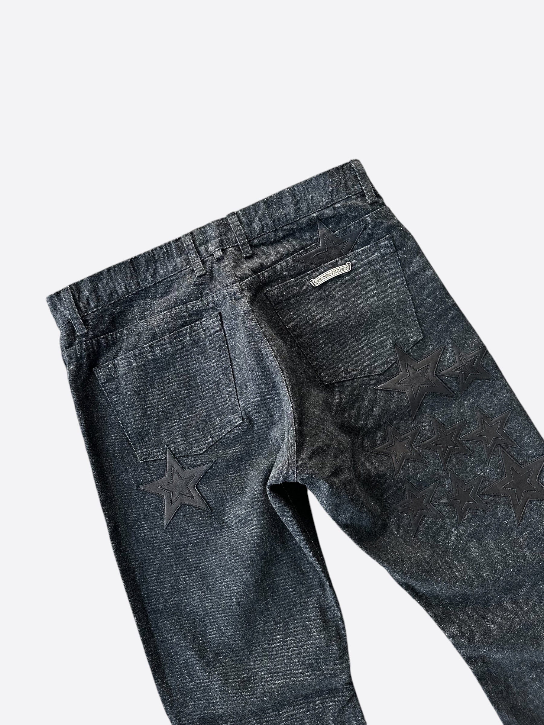 Chrome Hearts Grey & Black Star Patch Fleur Knee Jeans - Vintage Distressed Denim for Men & Women | Perfect for Streetwear & Casual Outfits