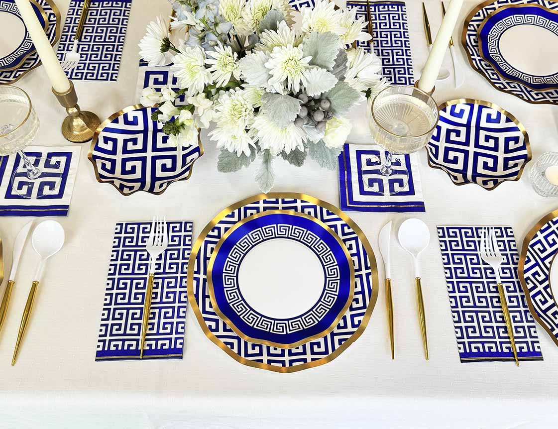 Greek Key Pattern Table Setting - Elegant Dinnerware Set for Formal Dining, Holiday Entertaining & Wedding Decor