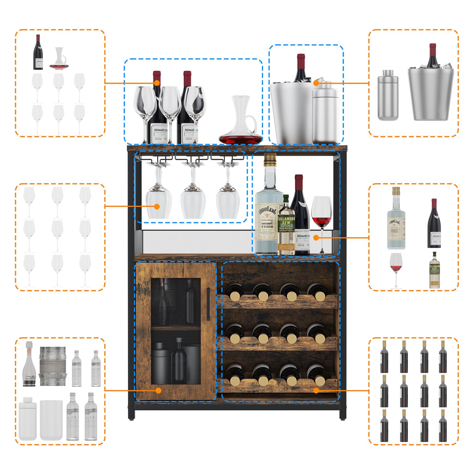 GAOMON Rustic Brown Farmhouse Sideboard & Buffet Cabinet - Coffee Wine Bar with Storage, Detachable Rack, Glass Holder & Mesh Door - Perfect for Dining Room, Kitchen or Home Bar Organization