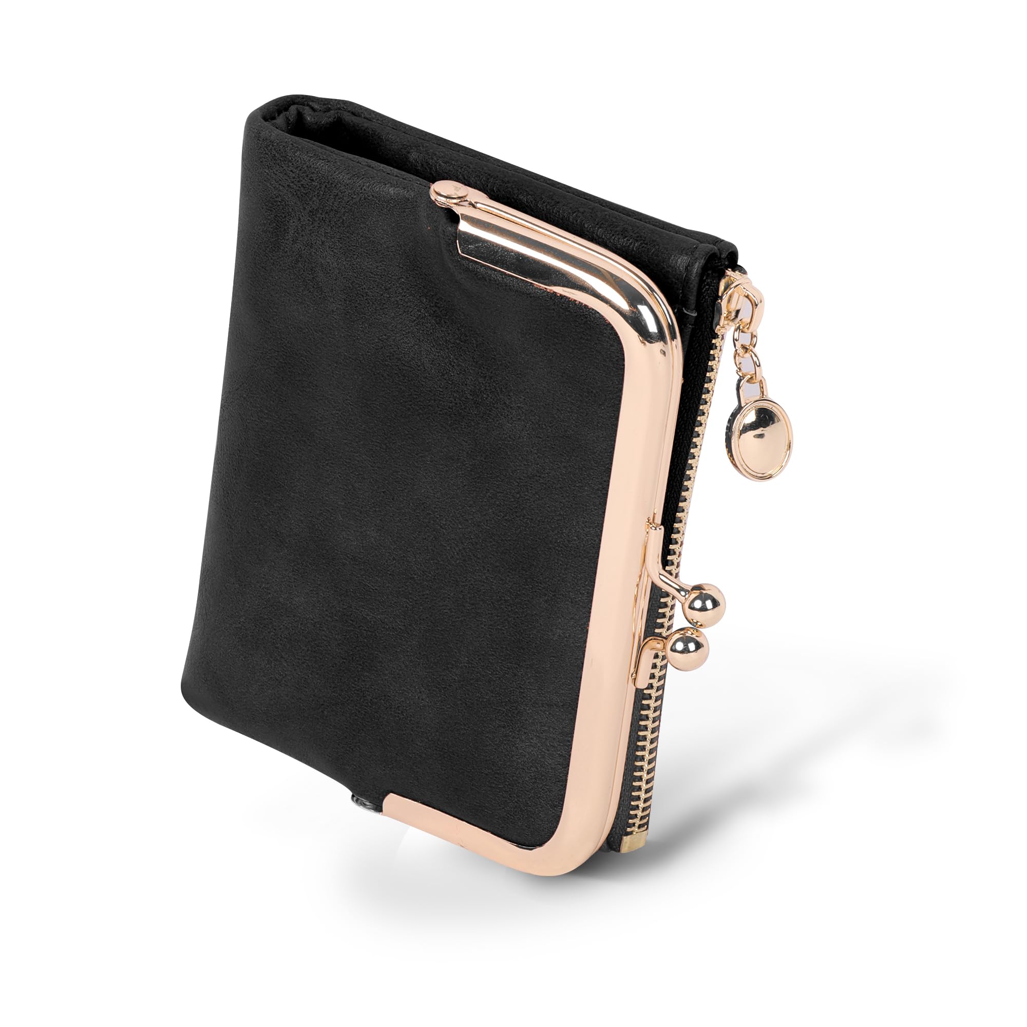 Jiusely Women's RFID Blocking Leather Wallet - Slim Bifold Zipper Purse with Kiss Lock for Credit Cards & Cash (Black) | Perfect for Travel, Shopping & Everyday Use