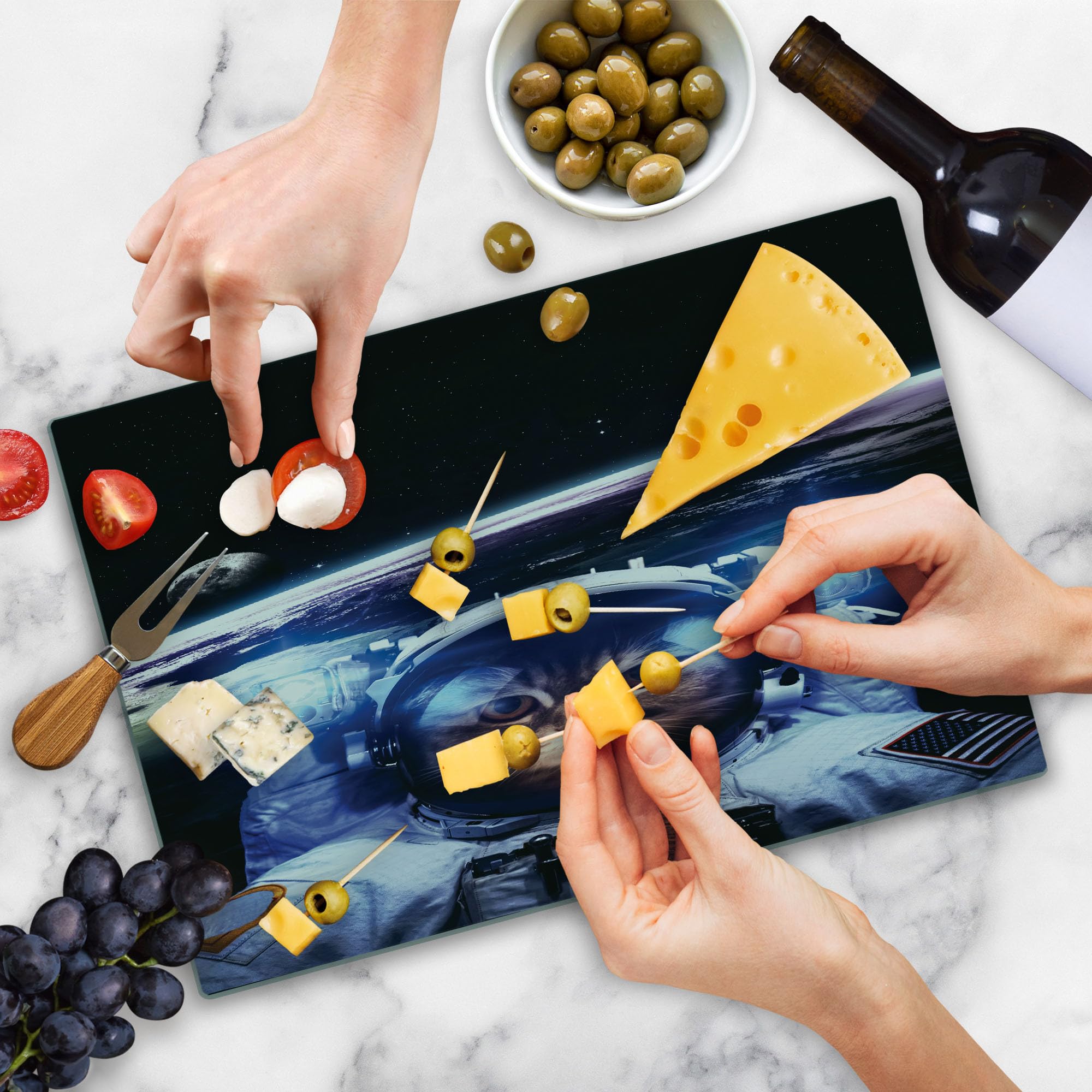 Ambesonne Funny Astronaut Cat Cutting Board - Decorative Tempered Glass Serving Board with Outer Space Explorer Kitty Design, Large Blue & White Kitchen Accessory for Cooking, Entertaining & Gift Giving