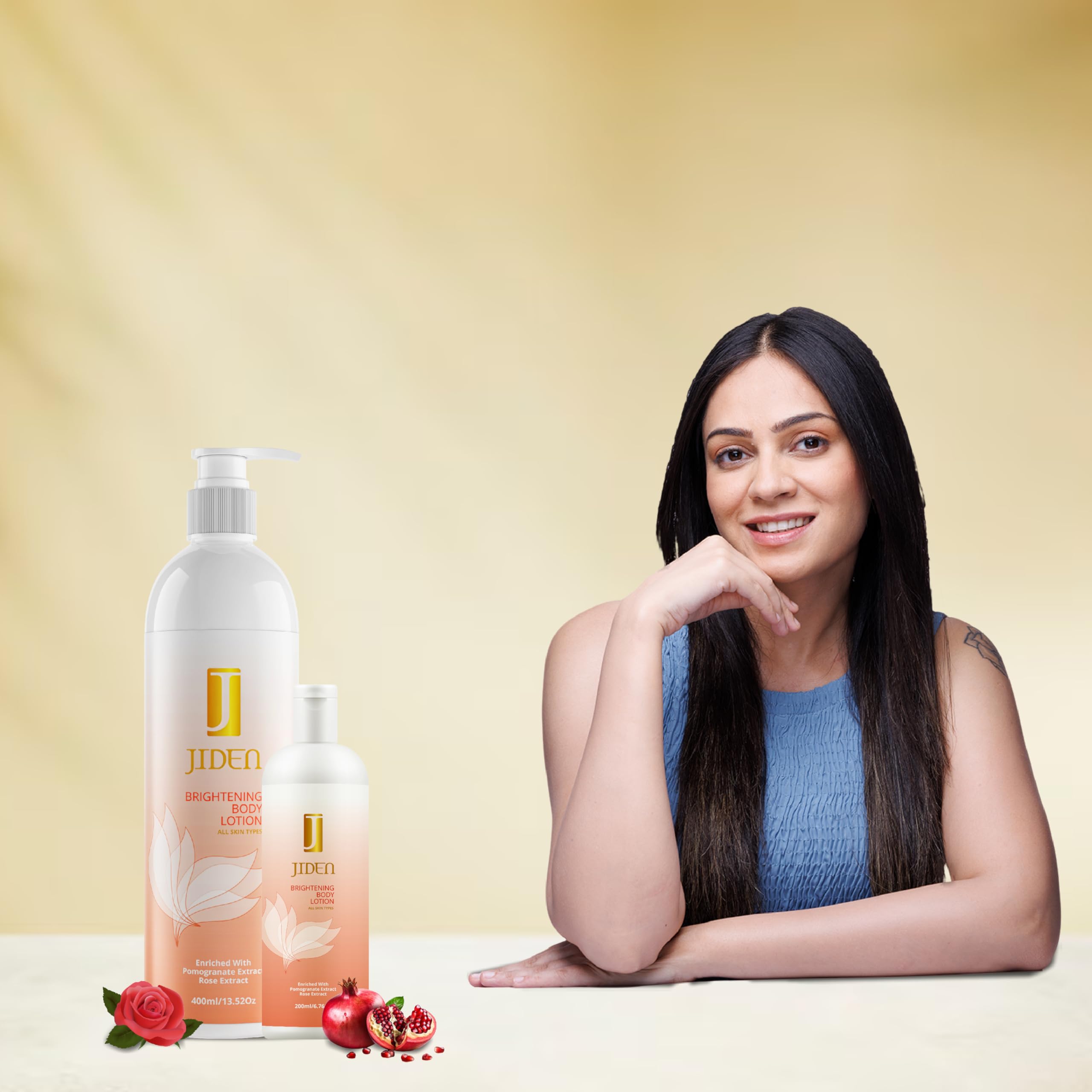 JIDEN Brightening Body Lotion with Pomegranate & Rose Extract - 400ml | Hydrating & Skin Lightening Moisturizer for Dry Skin, Perfect for Daily Use & Nighttime Skincare Routine