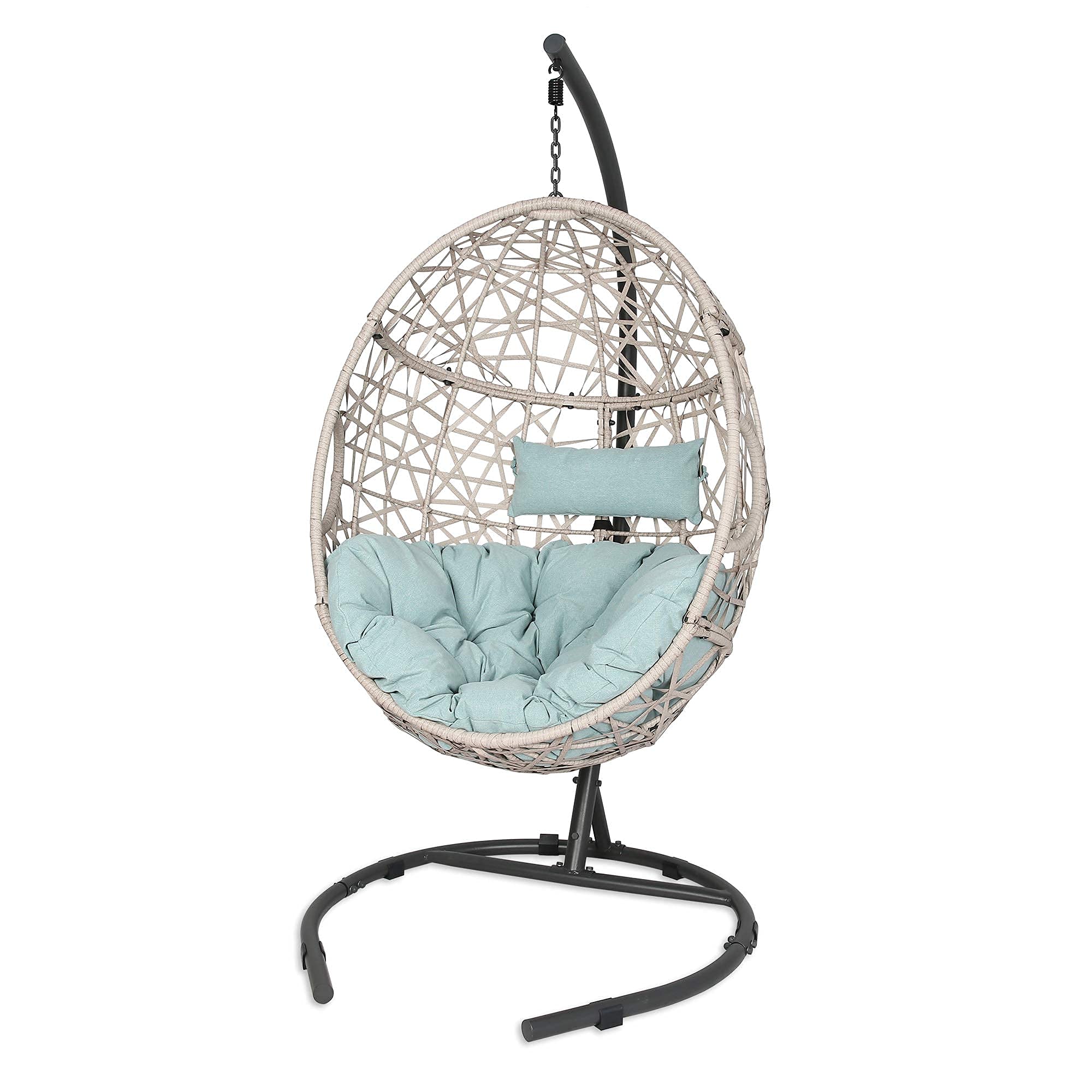 Outdoor Rattan Egg Hanging Swing Chair with Cushions & Stand - Blue Hammock Chair for Patio, Garden, Balcony - Perfect for Relaxing, Reading & Lounging