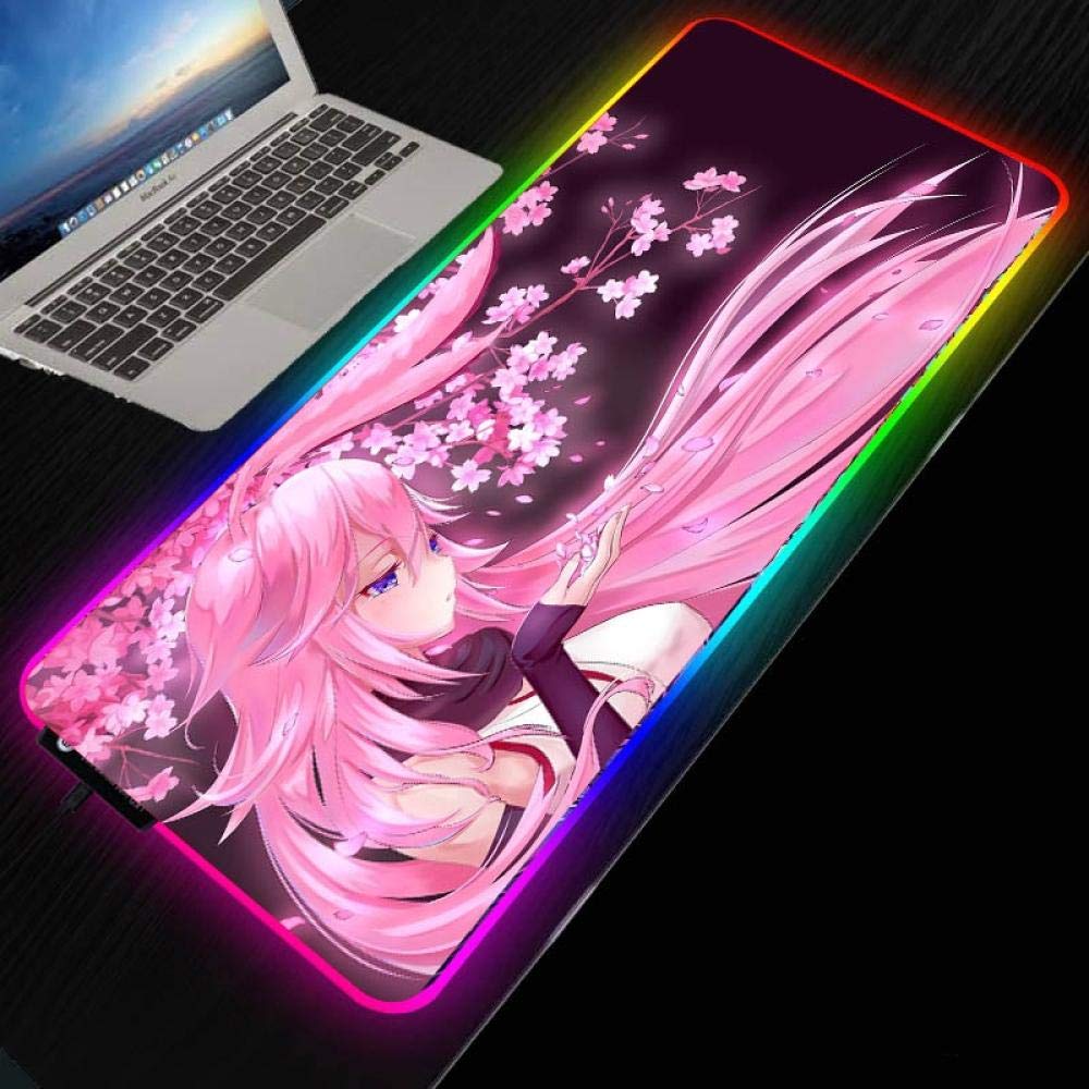 Anime Pink Flower Hair Girl RGB Gaming Mouse Pad - LED Soft Extra Large Extended Non-Slip Rubber Base (600×300×4mm) for Computer Keyboard & Mouse - Perfect for Gaming Setup, Office Work & Streaming Station