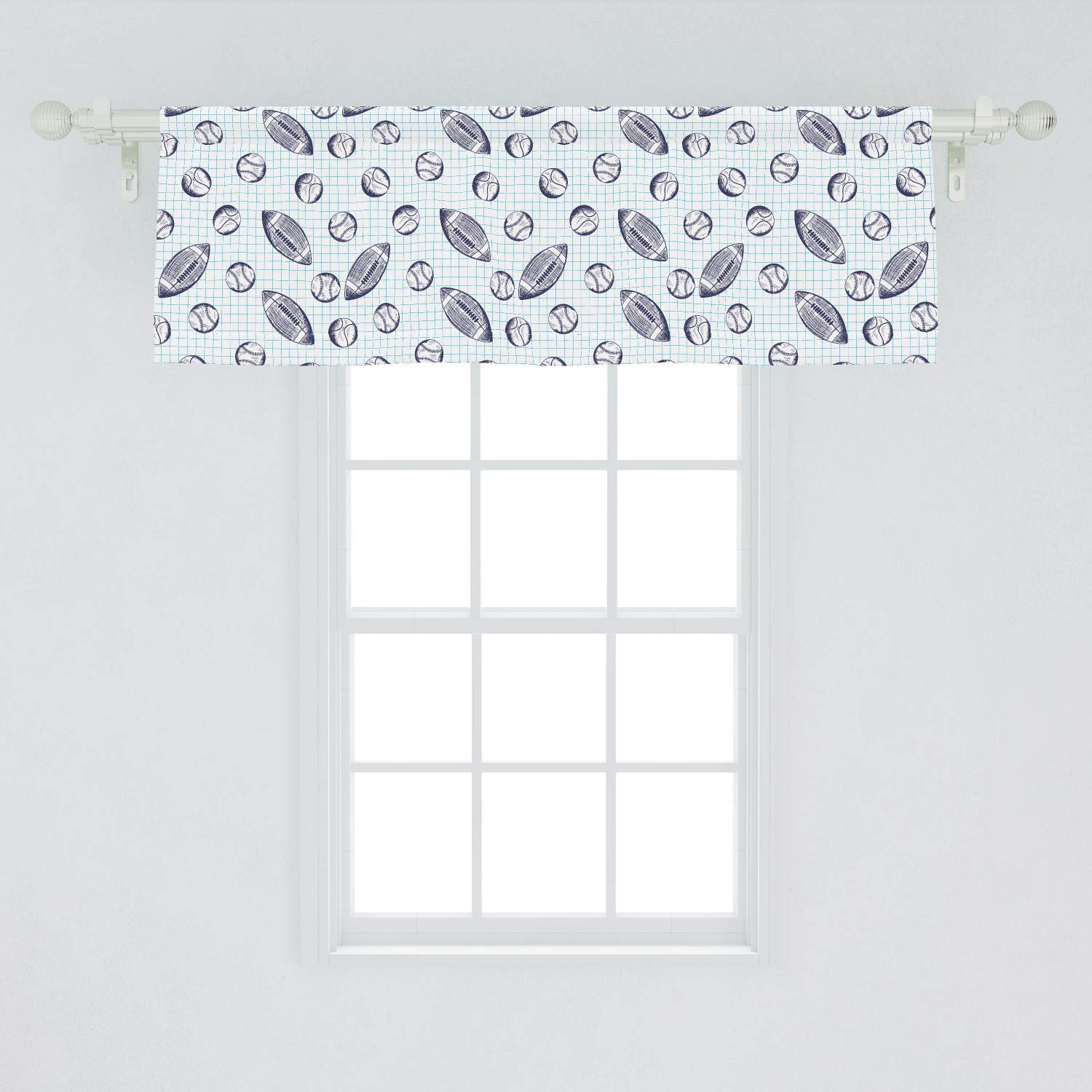 Ambesonne Baseball Window Valance - Pigskin & Baseballs Checkered Design Kitchen & Bedroom Curtain Valance with Rod Pocket, 54x18 Inches, Indigo & Pale Blue - Perfect for Sports Themed Room Decor & Game Day Parties