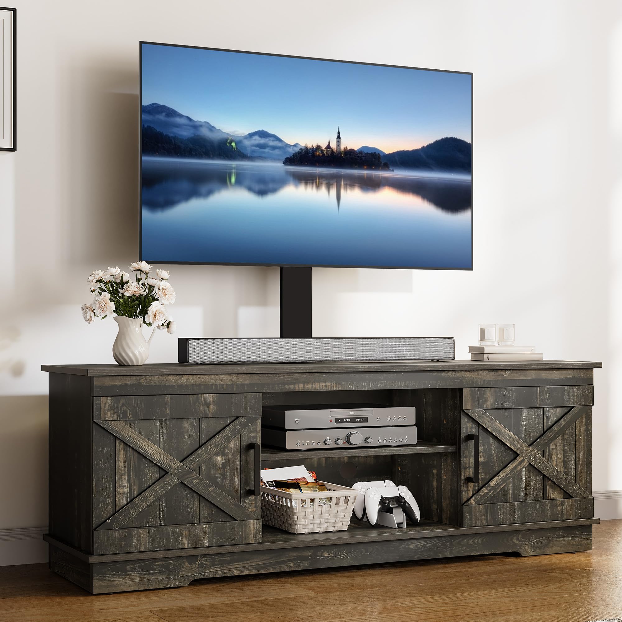 YITAHOME Farmhouse TV Stand with Mount for 32-70 Inch TVs, Sturdy Entertainment Center with Adjustable Shelves - Rustic Oak Media Console for Living Room, Bedroom & Home Theater Setup