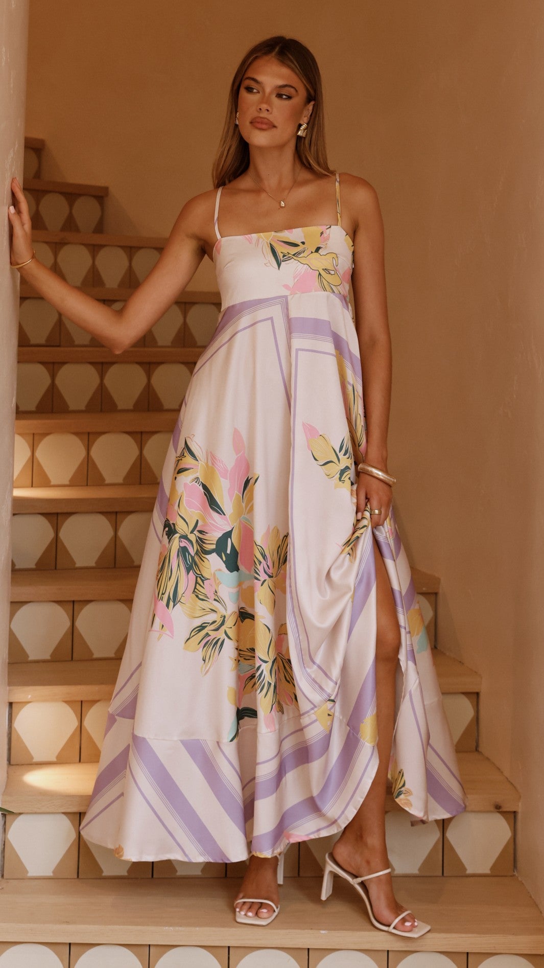 Kaethe Maxi Dress for Women - Elegant Beige & Lilac Flowy Long Dress - Perfect for Beach Vacations, Summer Parties & Casual Outings