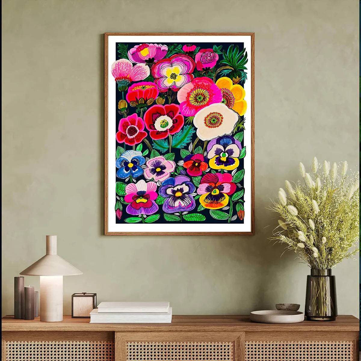 Midnight Pansies and Poppies Wall Art Print - Floral Botanical Painting for Living Room, Bedroom & Office Decor