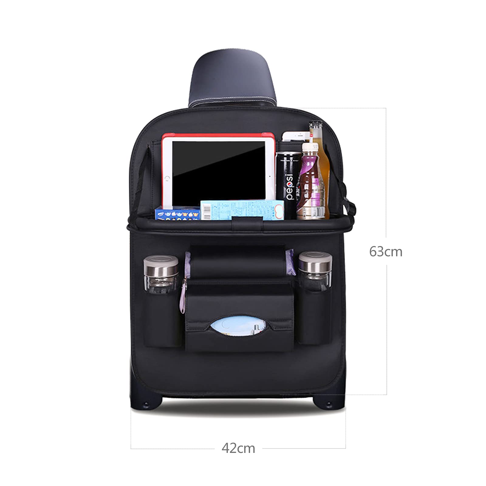 Premium PU Leather Car Back Seat Organizer with Foldable Tablet Holder - 2 Pack Black Multi-Function Kick Mats for Long Trips & Family Travel - Protects Seats & Organizes Toys, Snacks, Electronics