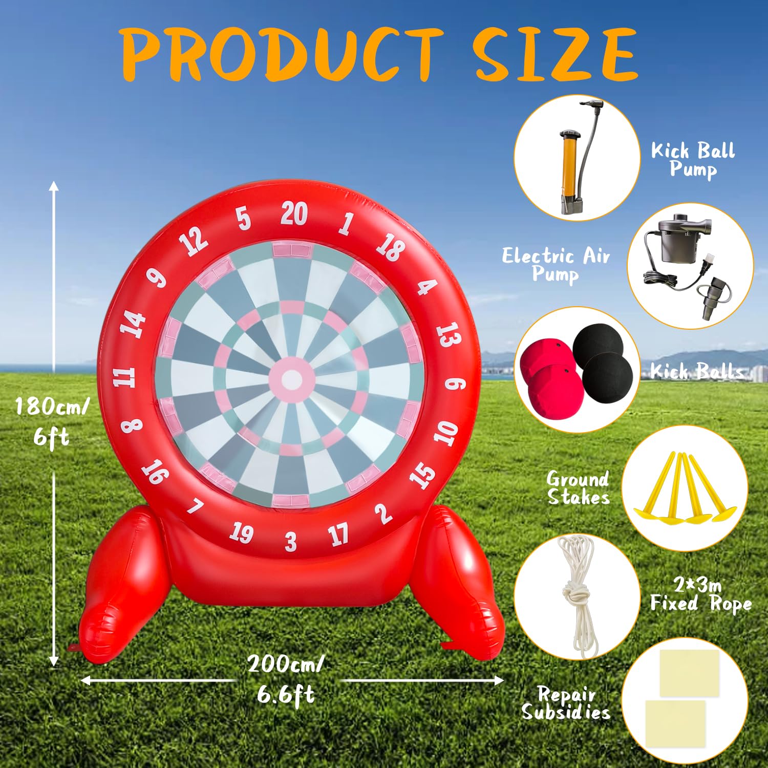 6.6FT Giant Kick Darts Game Set - Oversized Outdoor Soccer Target Dartboard with 3 Soccer Balls & Air Pump - Fun Backyard Lawn Games for Kids, Family & Friends - Perfect for Birthday Parties, BBQs and Summer Outdoor Activities