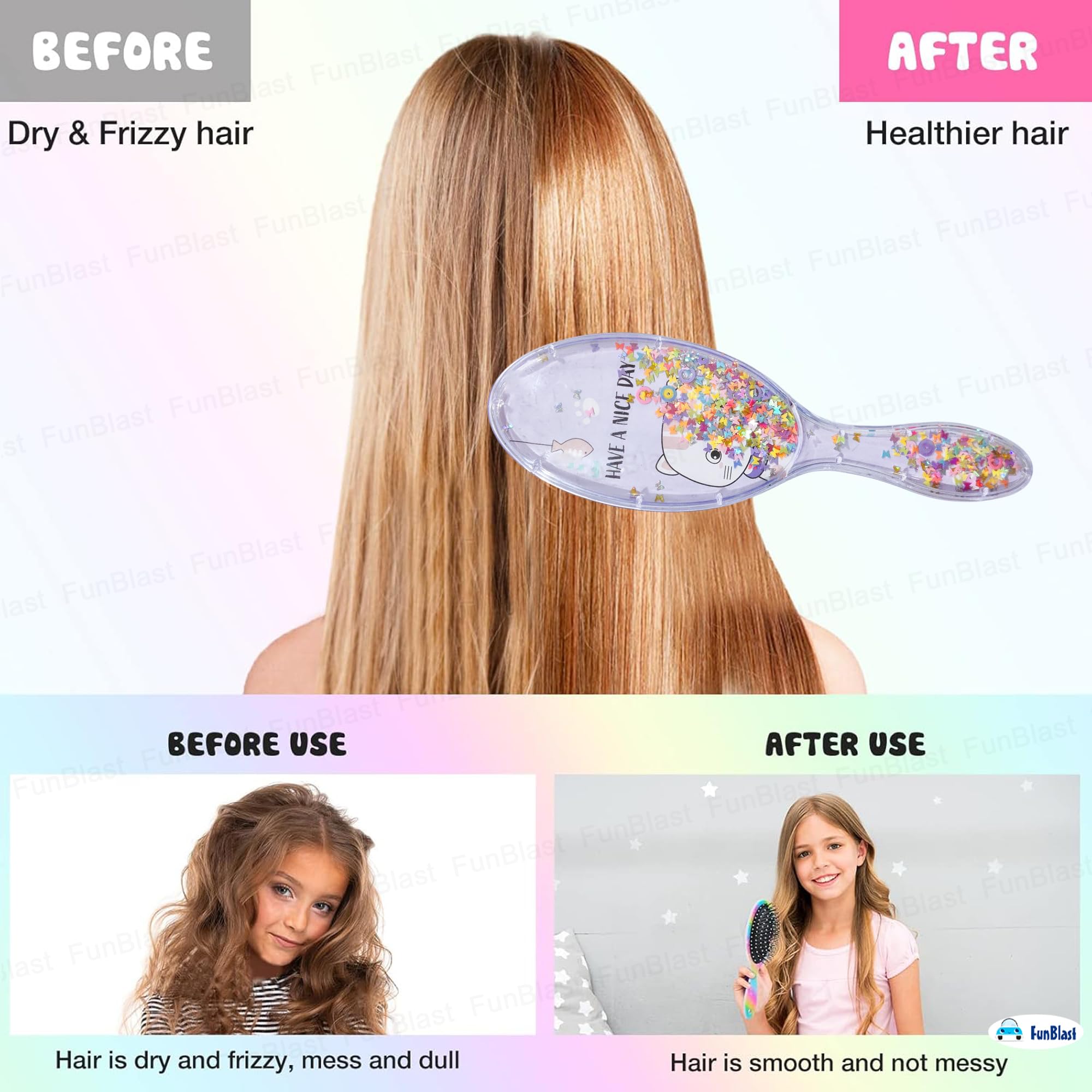 FunBlast Glitter Hair Brush Comb for Girls & Women – Oval Shape Hair Styling Tool with Sparkles, Kids Hairbrush for Detangling & Styling (Random Color) – Perfect for Parties, School, Travel & Daily Hair Care