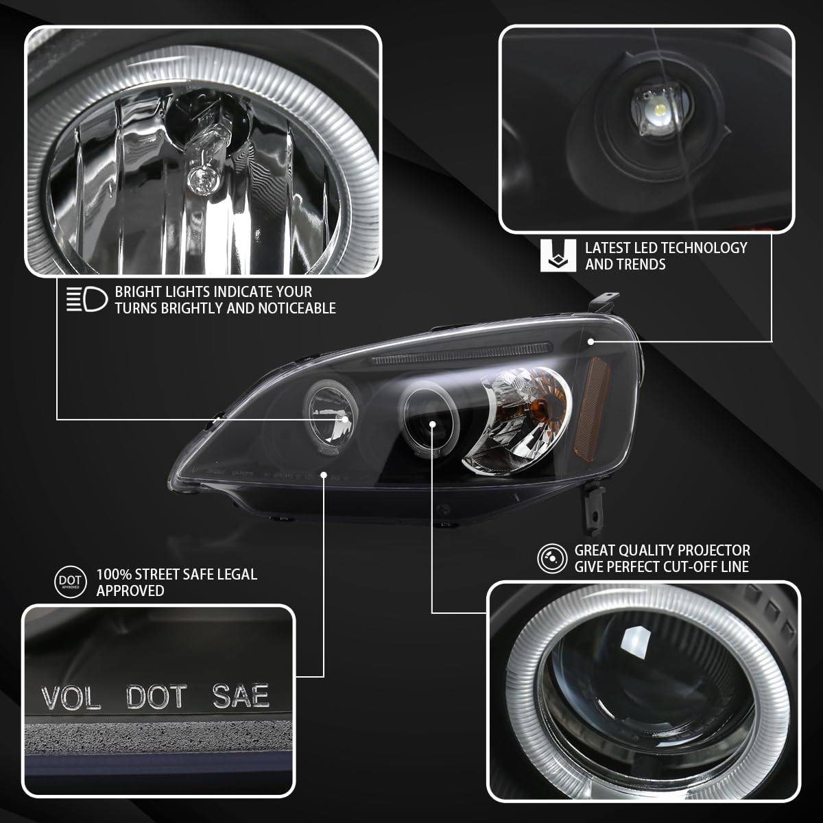 AUTOZENSATION Black Projector Headlights Assembly - Compatible with 2001-2003 Honda Civic Coupe & Sedan (Left+Right Pair) | Durable Replacement Headlamps for Night Driving & Enhanced Visibility