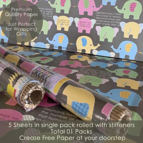 eVincE Elephant-Themed Gift Wrapping Paper Set of 5 | Neutral Birthday & Holiday Wrapping Sheets for Christmas, Diwali, Rakhi | Perfect for Kids' First Birthday Parties, Sibling Gifts & Craft Decorations | Great for Baby Showers, Family Celebrations & DIY Home Decor