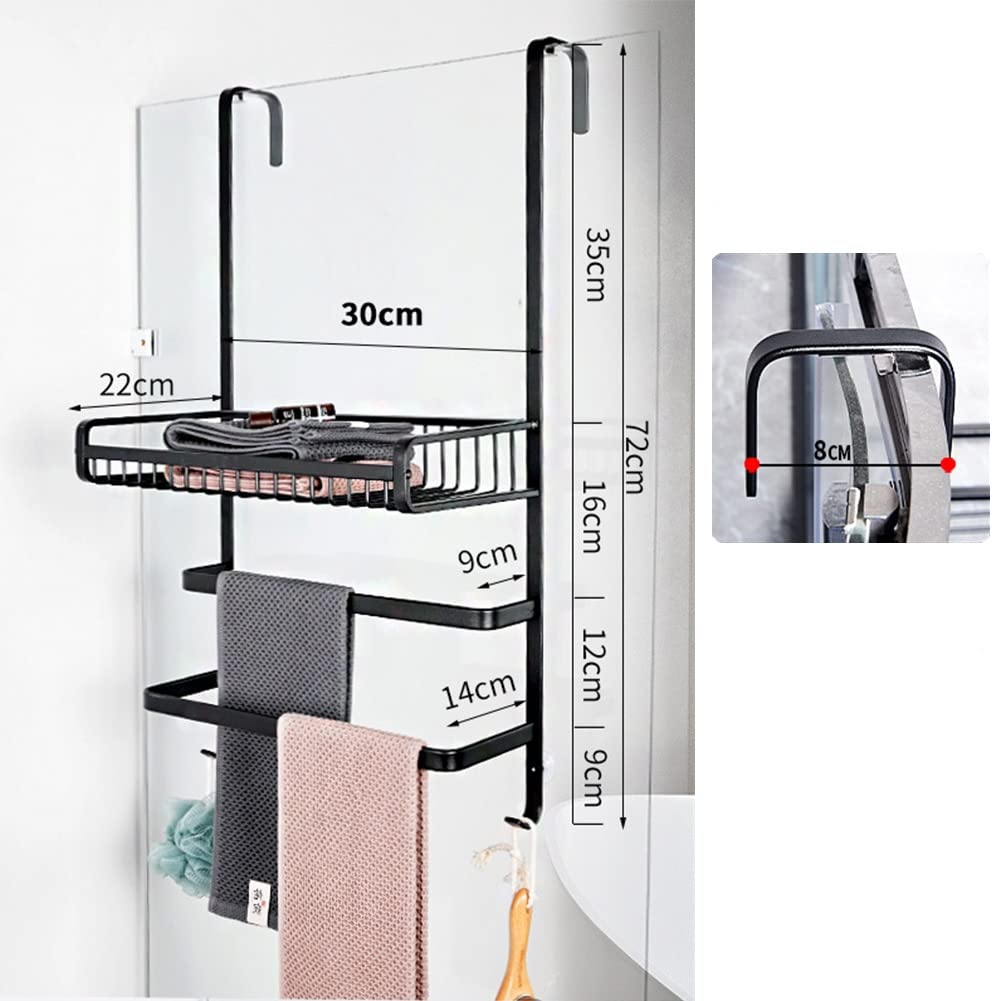 Over The Door Hanging Storage Organizer - Heavy Duty Spice Rack Shelf with Hooks & Towel Bar for Bathroom, Kitchen, Pantry - Space Saving Black Organizer (2 Bars, 30cm) - Perfect for Small Spaces, Apartment Living & Clutter-Free Organization