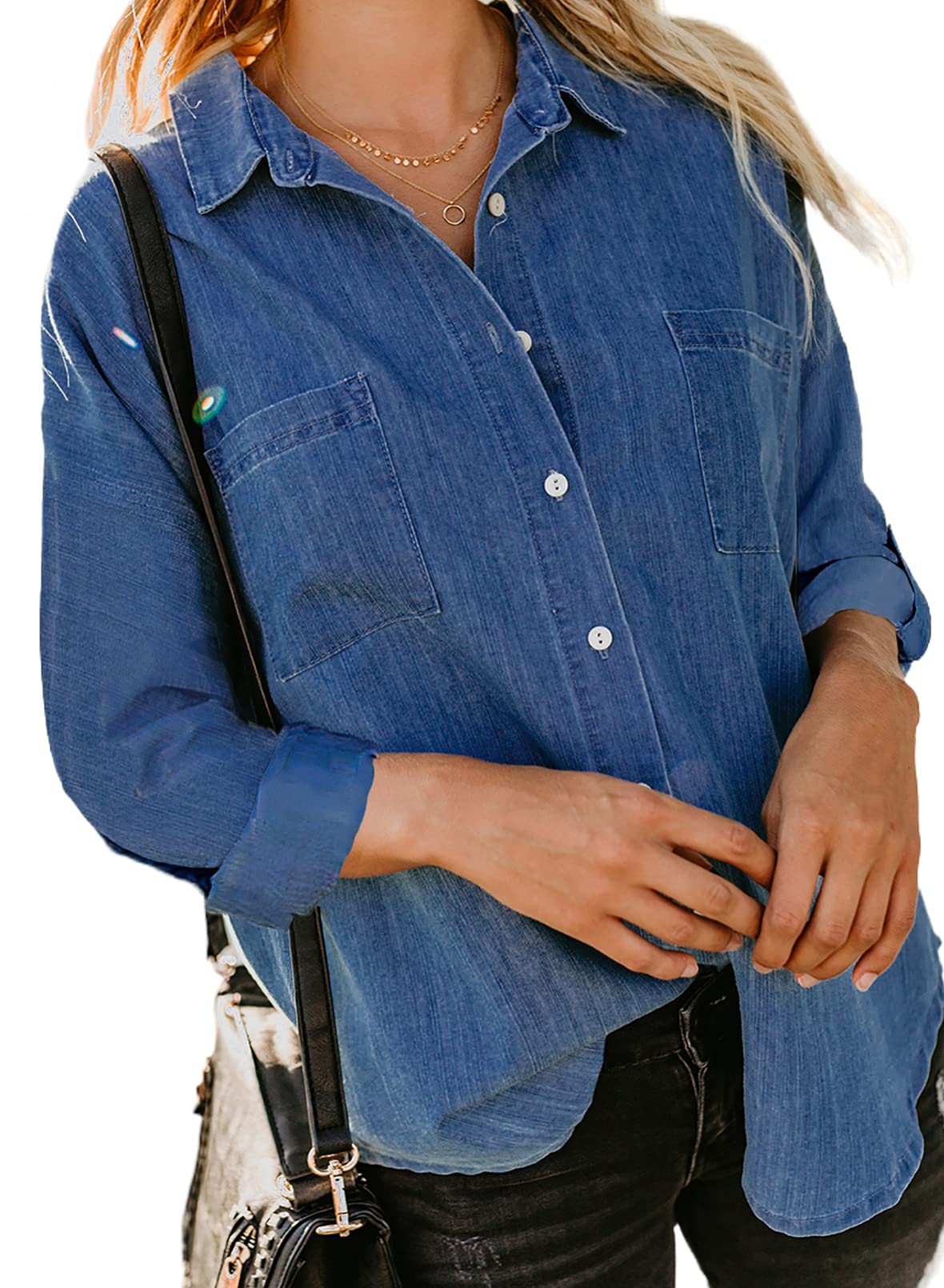 Dokotoo Women's Casual V-Neck Short Sleeve Denim Blouse - Stylish Tops for Everyday Wear, Work & Weekend Outings