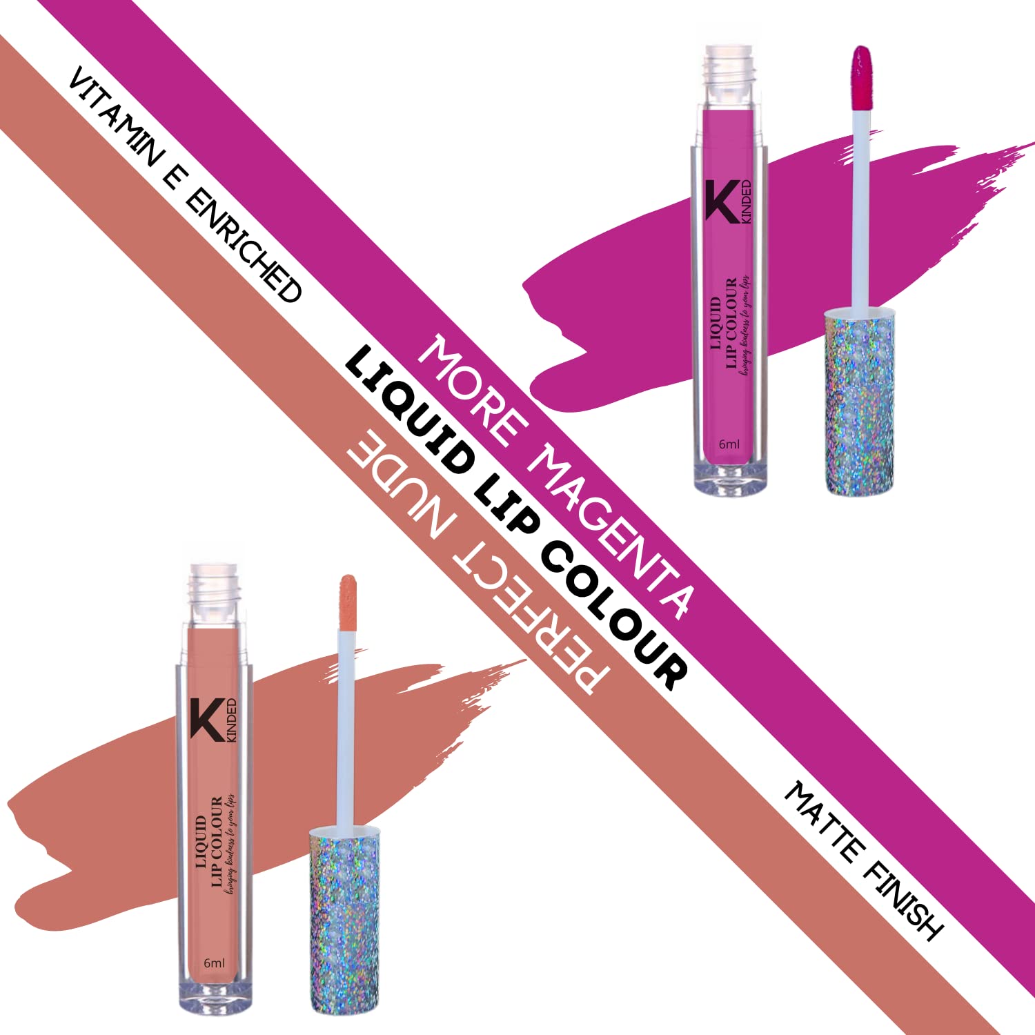KINDED Liquid Lipstick Set - Vitamin E Enriched, Waterproof, Long-Lasting Matte Lip Color (2 Pack, 6ml Each) in More Magenta & Perfect Nude Shades | Perfect for Everyday Wear, Date Night & Special Occasions