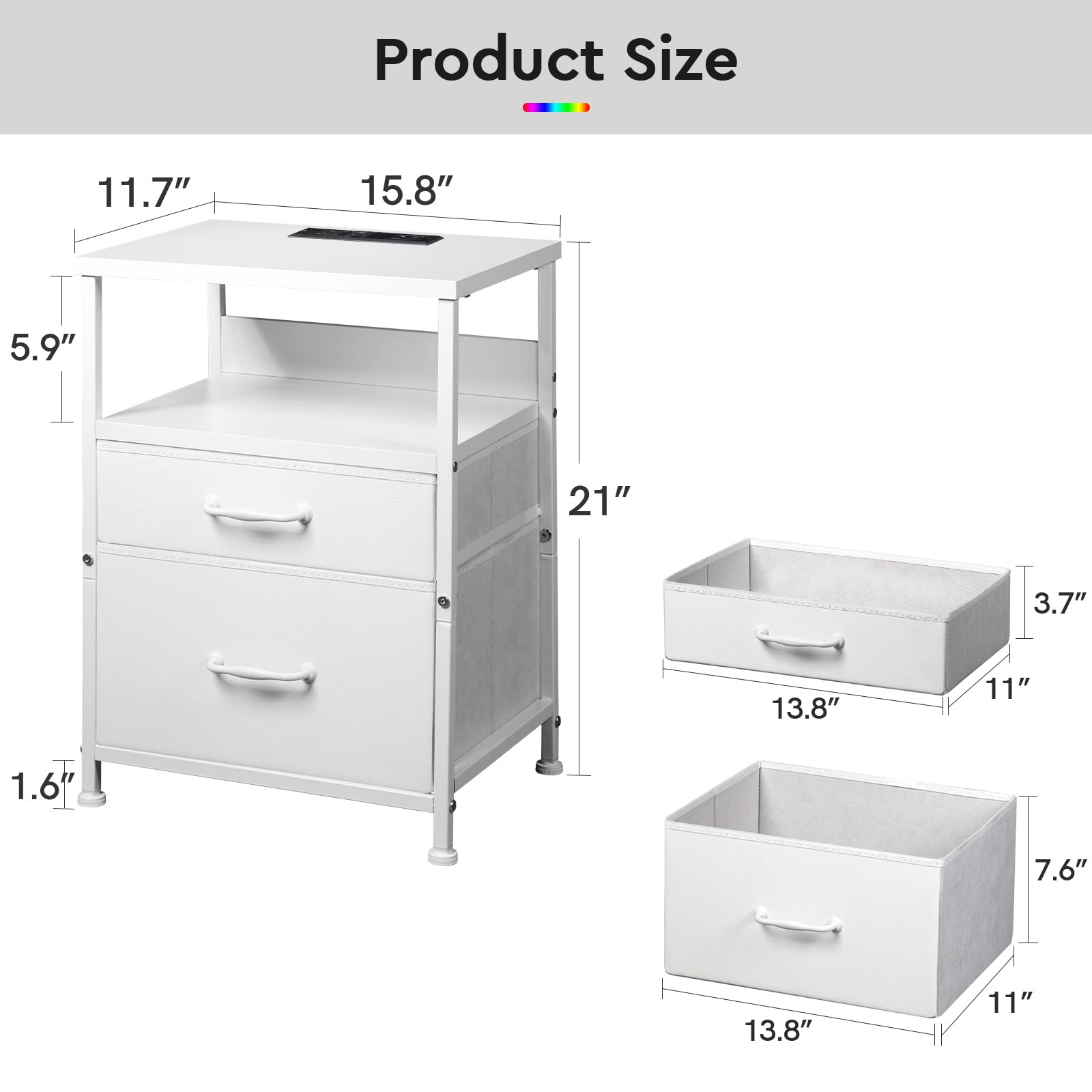 White Nightstand with Charging Station & LED Lights - 2 Fabric Drawers Bedside Table with Open Shelf, Outlets & USB Ports - Modern End Table for Bedroom, Living Room, Office - Perfect for Phone Charging, Reading & Storage