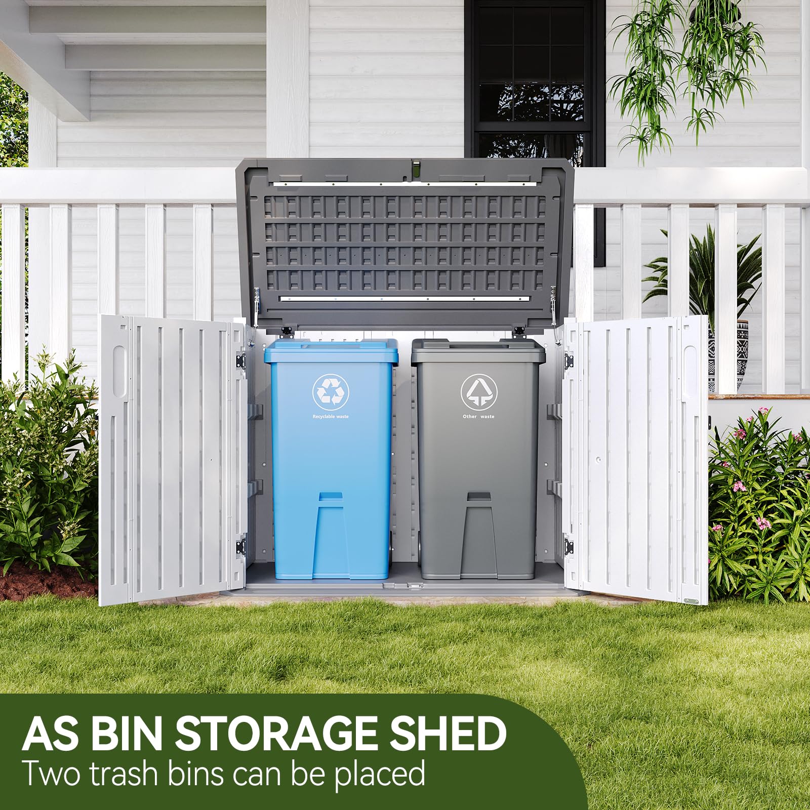 **Aoxun 35 Cu.Ft Outdoor Storage Cabinet – Waterproof Horizontal Trash Can Shed for Garbage Bin, Generator & Lawn Mower – Perfect for Backyard, Patio & Garage Organization (White)**
