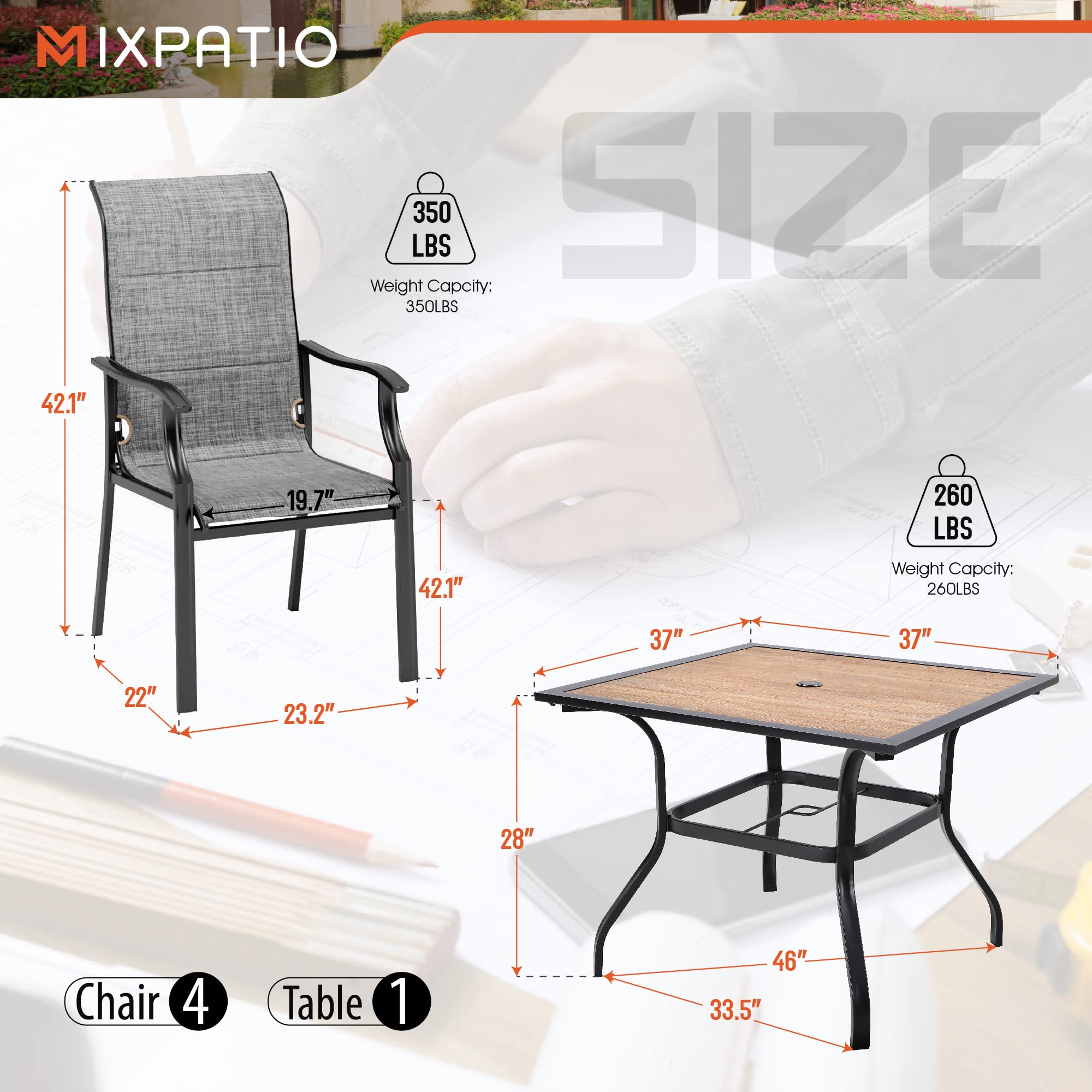 5-Piece Outdoor Patio Dining Set - 4 Padded Textilene Chairs & 37