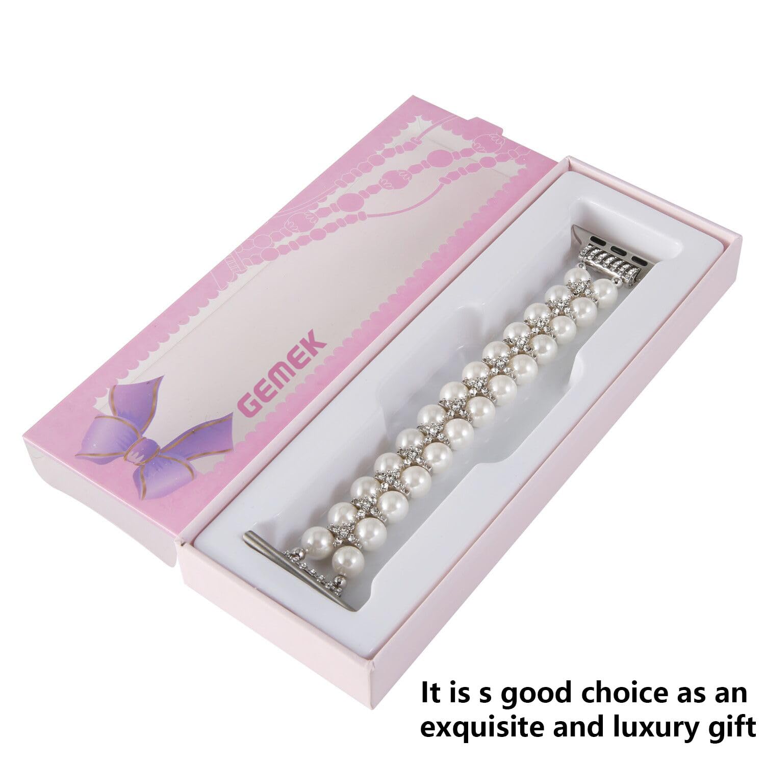 GEMEK Pearl Bracelet for Apple Watch Band 38mm 40mm 41mm 42mm 44mm 45mm 49mm - Compatible with iWatch Series 8 7 6 5 4 3 2 1 - Stretchable Bling Diamond Jewelry Replacement Strap for Women - Perfect for Parties, Weddings & Everyday Fashion Accessories