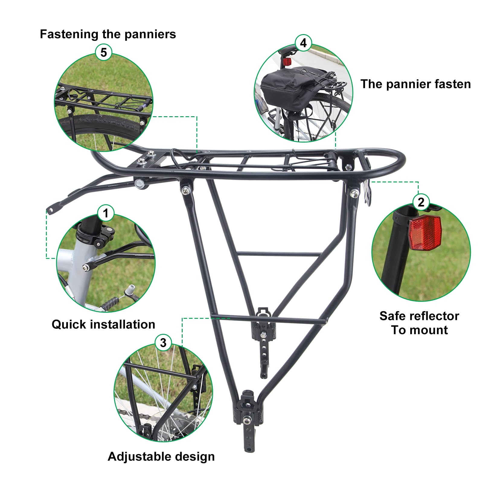 Heavy Duty Bike Rear Rack - 55LB Load Capacity Adjustable Bicycle Cargo Carrier for 24-28 Inch Bikes | Perfect for Commuting, Grocery Shopping & Outdoor Adventures (Black)