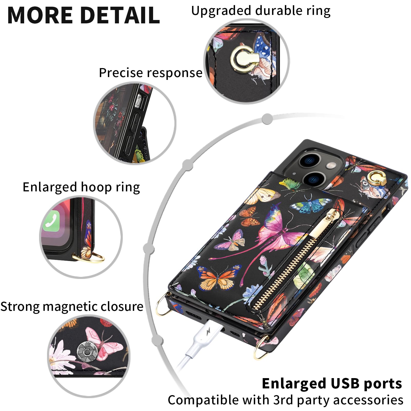 Floral Leather Crossbody Phone Case for iPhone 13 with Card Holder & Kickstand - Cute Wallet Case with Strap, Zipper Purse & Protective Cover for Women (Butterfly Design) - Perfect for Travel, Shopping & Everyday Use