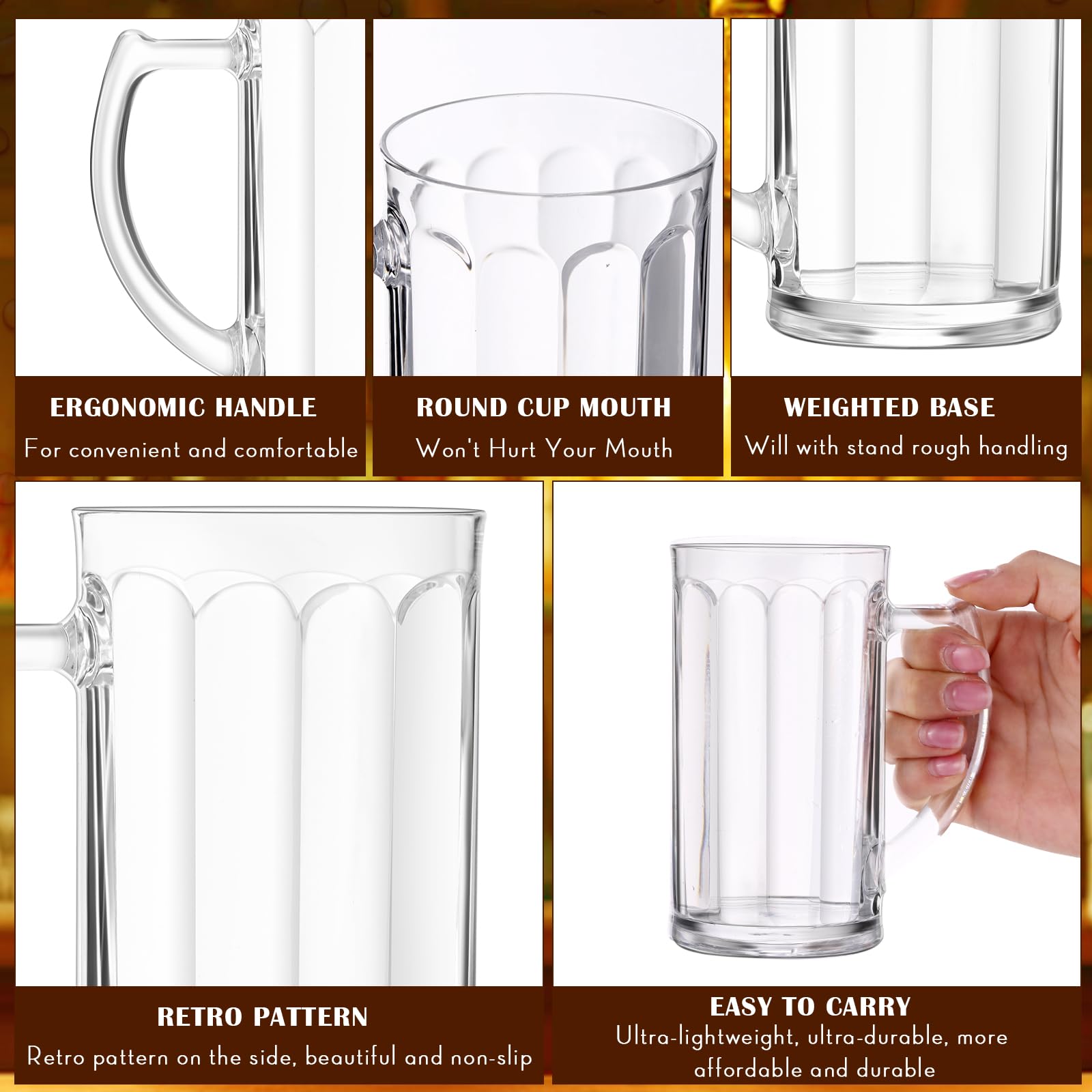 Domensi 12-Pack 12 oz Clear Plastic Beer Mugs with Handles - Reusable, Shatterproof, Dishwasher Safe Drinking Glasses for Beer, Whiskey, Juice, Coffee, Tea & Cocktails - Perfect for Parties, BBQs, Bars, and Outdoor Events
