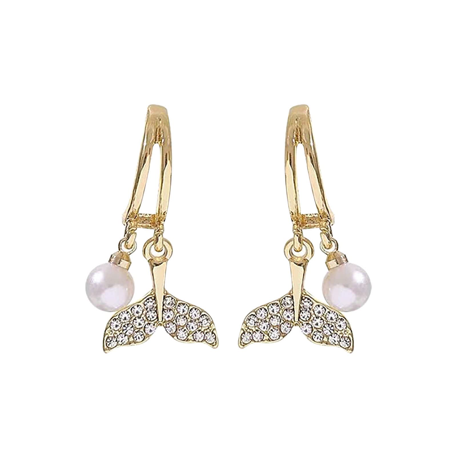 Elegant Gold Plated Fish Tail Cuff Earrings with Cubic Zirconia & Pearl Tassel - Women's Fashion Jewelry Gift for Teens - Perfect for Parties, Weddings & Special Occasions