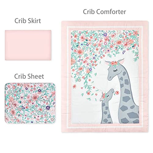 Pink and Grey Princess Baby Girl Crib Bedding Set - 3 Piece Mini Floral Nursery Crib Set for Girls | Soft & Safe Crib Sheets, Fitted Crib Skirt, Bumper | Perfect for Newborn Nursery, Baby Shower Gift, Toddler Bedroom Decor