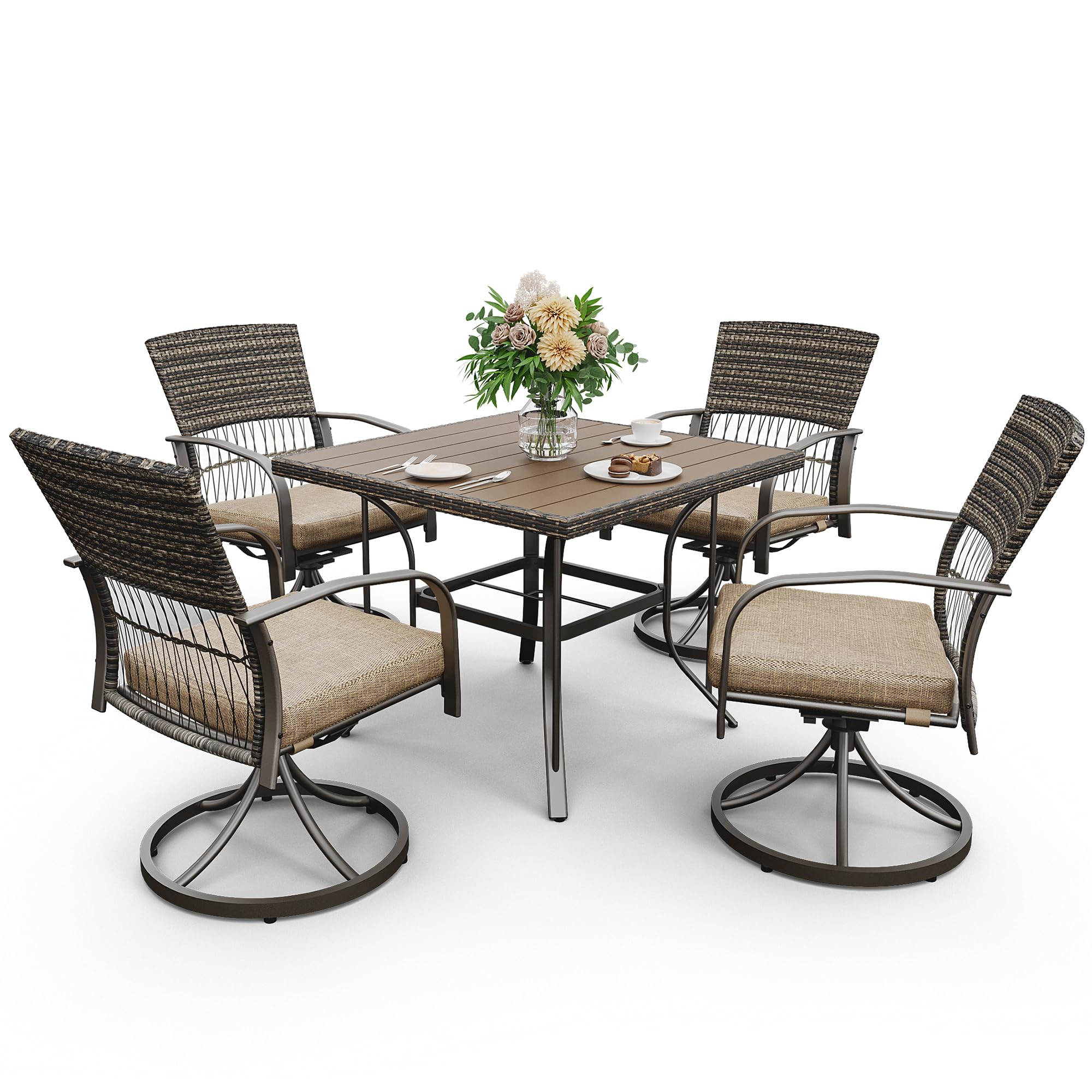 Pamapic 5-Piece Outdoor Dining Set - Rattan Patio Furniture with Plastic-Wood Table & 4 Swivel Chairs, Removable Cushions (Beige) - Perfect for Backyard, Deck, Garden & Outdoor Entertaining