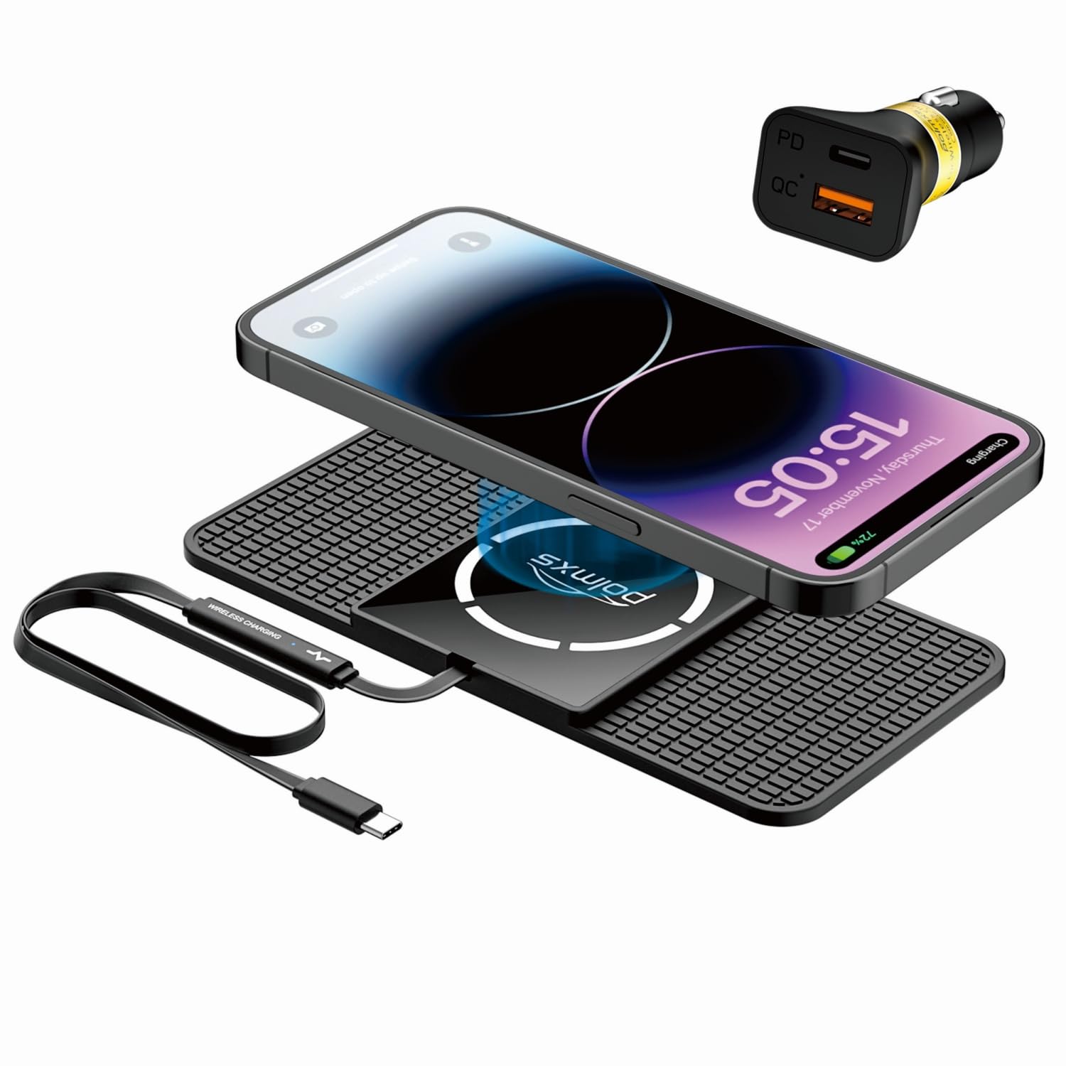 Polmxs 15W Magnetic Wireless Car Charger Pad - Magsafe Compatible, Non-Slip Fast Charging with 40W Type C Adapter for iPhone 15/14/13/12 & AirPods (1M Cable) | Perfect for Road Trips, Commuting & Hands-Free Charging While Driving