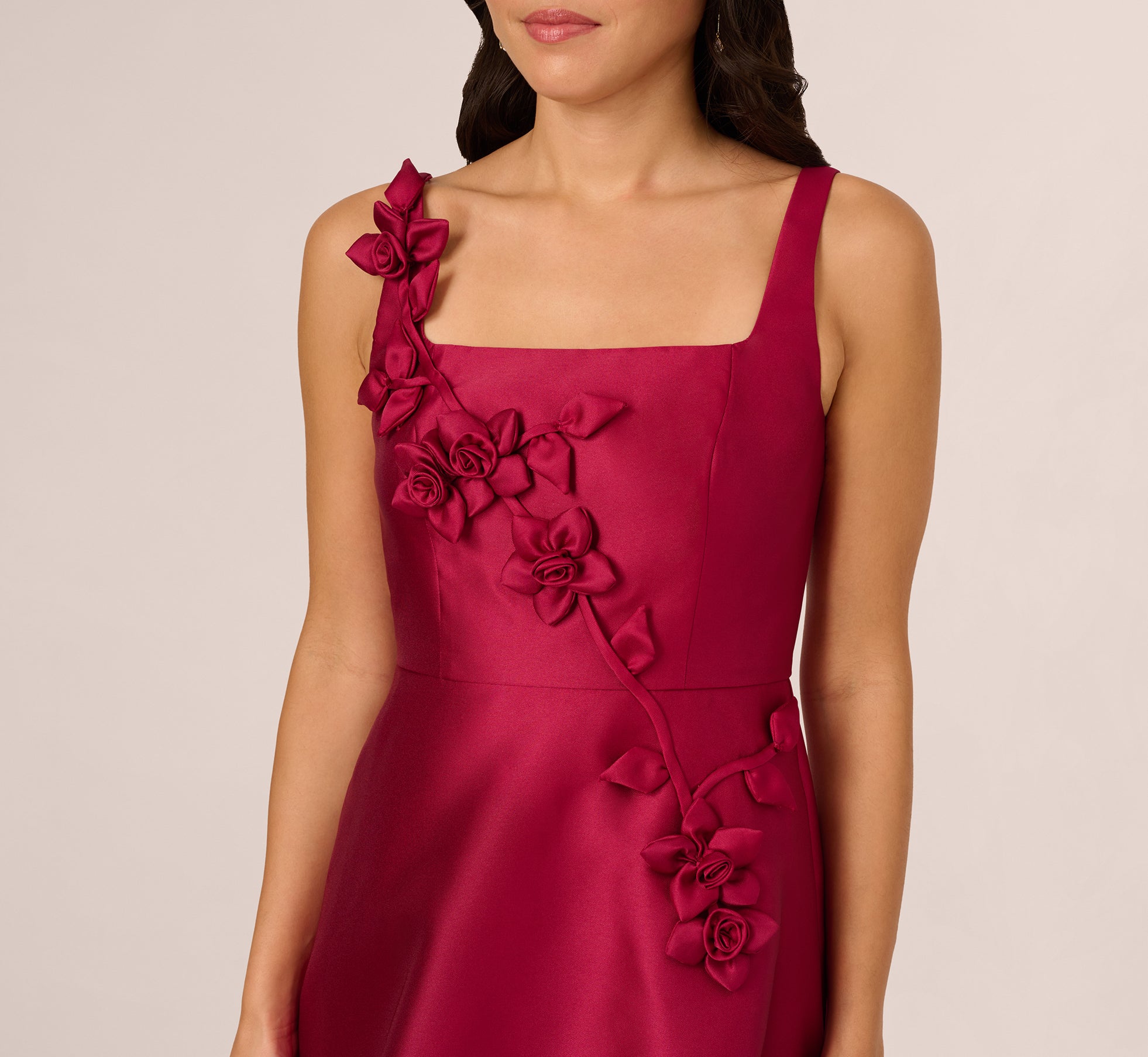Elegant Sleeveless 3D Flower Mikado Midi Dress in Red Plum - Perfect for Summer Weddings, Cocktail Parties & Special Occasions